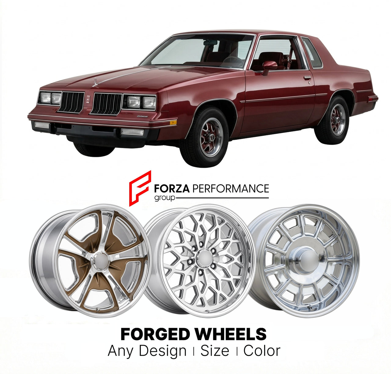 CUSTOM CLASSIC VINTAGE RESTOMOD RETRO OLD SCHOOL FORGED WHEELS RIMS for OLDSMOBILE CUTLASS CALAIS 1985 - 1988
Custom forged wheels for classic American muscle cars. Ideal for restomod builds, vintage restorations, and show cars. Deep dish and retro styling available.

We manufacture premium quality forged wheels rims for Oldsmobile Cutlass Calais 1985 - 1988 in any design, size, color.

THIS WHEEL DESIGN CAN BE CUSTOM-MADE FOR YOUR CAR IN ANY SIZE AND COLOR OPTIONS
Available in monoblock, 2-piece, 3-piece, 