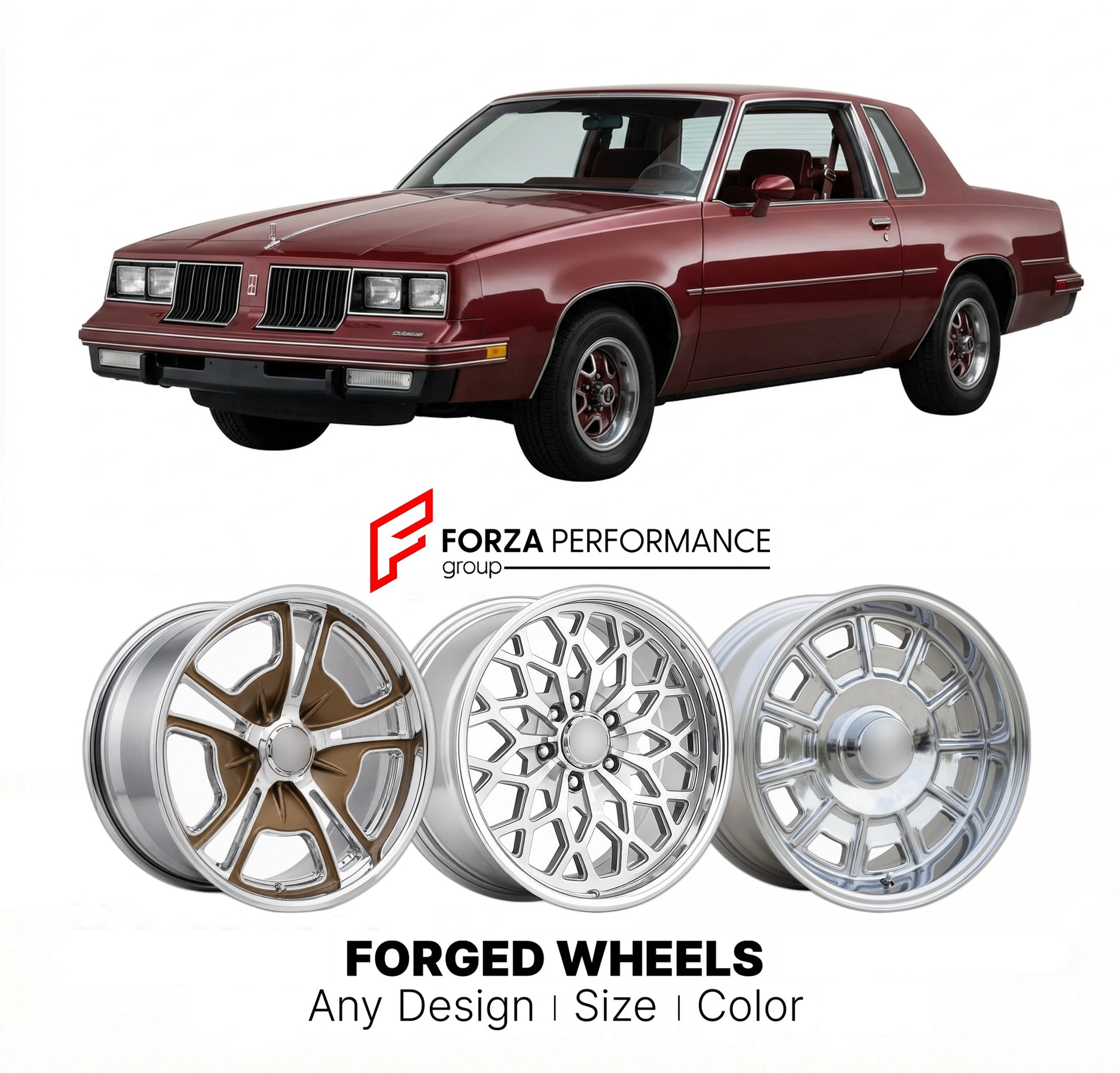CUSTOM CLASSIC VINTAGE RESTOMOD RETRO OLD SCHOOL FORGED WHEELS RIMS for OLDSMOBILE CUTLASS CALAIS 1985 - 1988
Custom forged wheels for classic American muscle cars. Ideal for restomod builds, vintage restorations, and show cars. Deep dish and retro styling available.

We manufacture premium quality forged wheels rims for Oldsmobile Cutlass Calais 1985 - 1988 in any design, size, color.

THIS WHEEL DESIGN CAN BE CUSTOM-MADE FOR YOUR CAR IN ANY SIZE AND COLOR OPTIONS
Available in monoblock, 2-piece, 3-piece, 