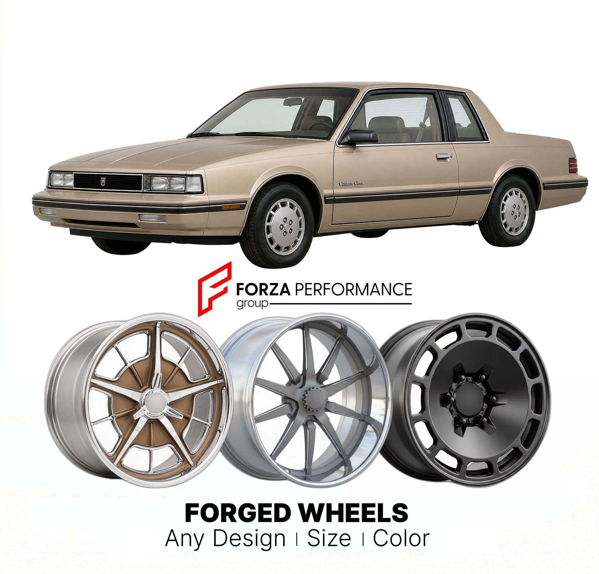 CUSTOM CLASSIC VINTAGE RESTOMOD RETRO OLD SCHOOL FORGED WHEELS RIMS for OLDSMOBILE CUTLASS CALAIS 1989 - 1990
Custom forged wheels for classic American muscle cars. Ideal for restomod builds, vintage restorations, and show cars. Deep dish and retro styling available.

We manufacture premium quality forged wheels rims for Oldsmobile Cutlass Calais 1989 - 1990 in any design, size, color.

THIS WHEEL DESIGN CAN BE CUSTOM-MADE FOR YOUR CAR IN ANY SIZE AND COLOR OPTIONS
Available in monoblock, 2-piece, 3-piece, 