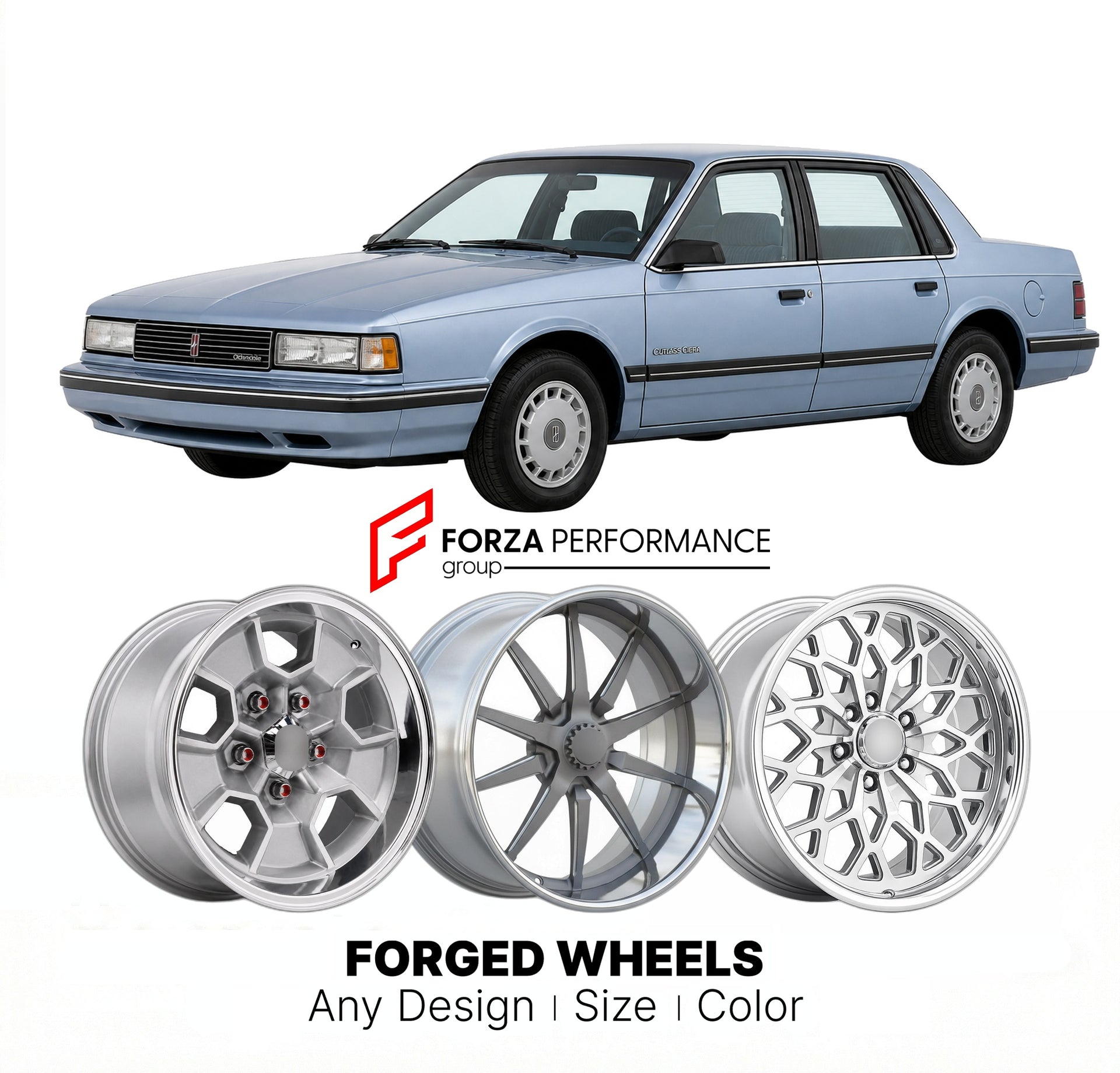 CUSTOM CLASSIC VINTAGE RESTOMOD RETRO OLD SCHOOL FORGED WHEELS RIMS for OLDSMOBILE CUTLASS CIERA 1989 - 1990
Custom forged wheels for classic American muscle cars. Ideal for restomod builds, vintage restorations, and show cars. Deep dish and retro styling available.

We manufacture premium quality forged wheels rims for Oldsmobile Cutlass Ciera 1989 - 1990 in any design, size, color.

THIS WHEEL DESIGN CAN BE CUSTOM-MADE FOR YOUR CAR IN ANY SIZE AND COLOR OPTIONS
Available in monoblock, 2-piece, 3-piece, du