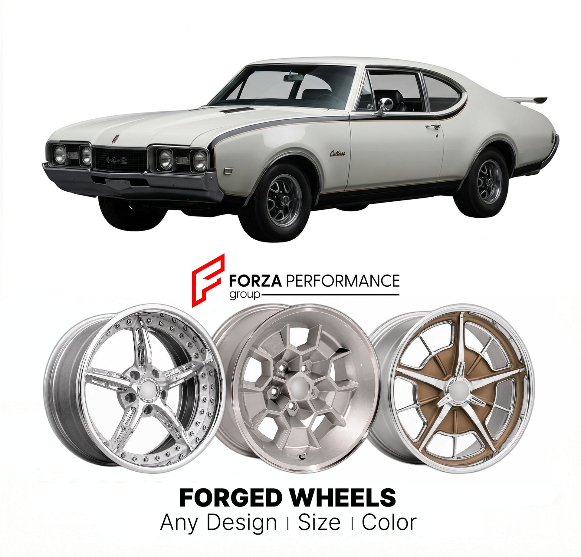 CUSTOM CLASSIC VINTAGE RESTOMOD RETRO OLD SCHOOL FORGED WHEELS RIMS for OLDSMOBILE CUTLASS HURST/OLDS 1968 - 1972
Custom forged wheels for classic American muscle cars. Ideal for restomod builds, vintage restorations, and show cars. Deep dish and retro styling available.

We manufacture premium quality forged wheels rims for Oldsmobile Cutlass Hurst/Olds 1968 - 1972 in any design, size, color.

THIS WHEEL DESIGN CAN BE CUSTOM-MADE FOR YOUR CAR IN ANY SIZE AND COLOR OPTIONS
Available in monoblock, 2-piece, 3