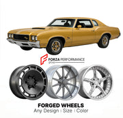 CUSTOM CLASSIC VINTAGE RESTOMOD RETRO OLD SCHOOL FORGED WHEELS RIMS for OLDSMOBILE CUTLASS HURST/OLDS 1973 - 1977
Custom forged wheels for classic American muscle cars. Ideal for restomod builds, vintage restorations, and show cars. Deep dish and retro styling available.

We manufacture premium quality forged wheels rims for Oldsmobile Cutlass Hurst/Olds 1973 - 1977 in any design, size, color.

THIS WHEEL DESIGN CAN BE CUSTOM-MADE FOR YOUR CAR IN ANY SIZE AND COLOR OPTIONS
Available in monoblock, 2-piece, 3