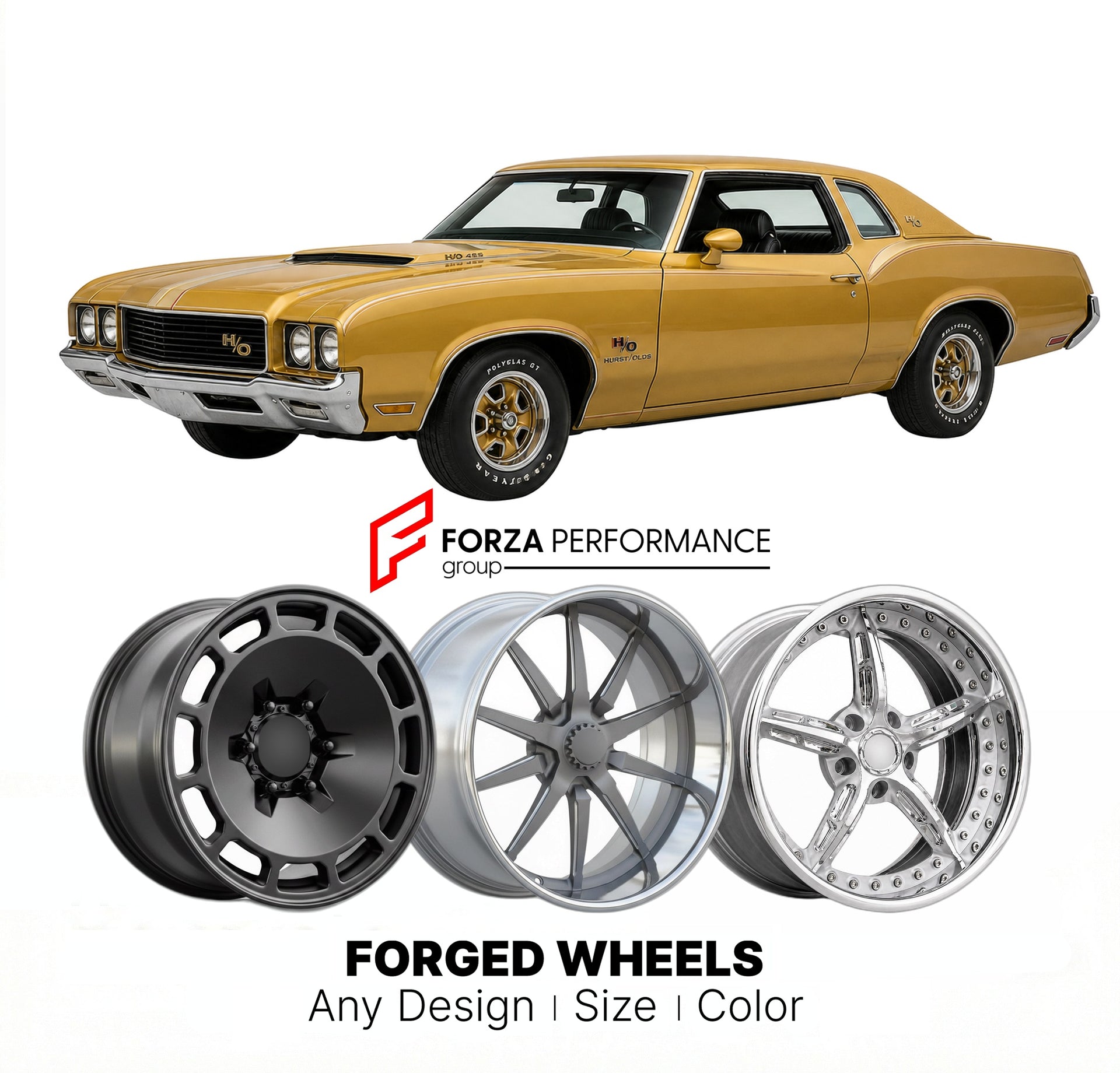 CUSTOM CLASSIC VINTAGE RESTOMOD RETRO OLD SCHOOL FORGED WHEELS RIMS for OLDSMOBILE CUTLASS HURST/OLDS 1973 - 1977
Custom forged wheels for classic American muscle cars. Ideal for restomod builds, vintage restorations, and show cars. Deep dish and retro styling available.

We manufacture premium quality forged wheels rims for Oldsmobile Cutlass Hurst/Olds 1973 - 1977 in any design, size, color.

THIS WHEEL DESIGN CAN BE CUSTOM-MADE FOR YOUR CAR IN ANY SIZE AND COLOR OPTIONS
Available in monoblock, 2-piece, 3