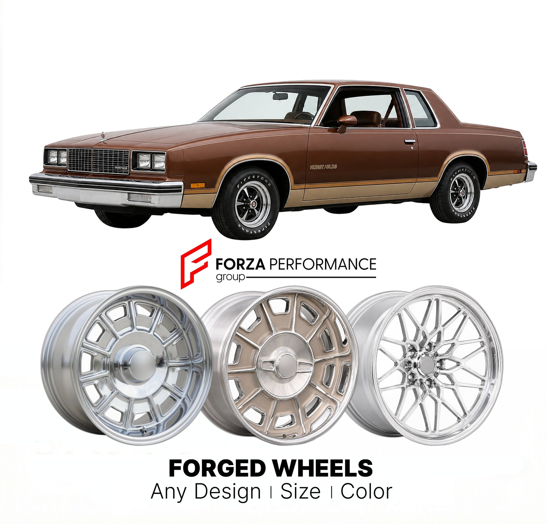 CUSTOM CLASSIC VINTAGE RESTOMOD RETRO OLD SCHOOL FORGED WHEELS RIMS for OLDSMOBILE CUTLASS HURST/OLDS 1978 - 1979
Custom forged wheels for classic American muscle cars. Ideal for restomod builds, vintage restorations, and show cars. Deep dish and retro styling available.

We manufacture premium quality forged wheels rims for Oldsmobile Cutlass Hurst/Olds 1978 - 1979 in any design, size, color.

THIS WHEEL DESIGN CAN BE CUSTOM-MADE FOR YOUR CAR IN ANY SIZE AND COLOR OPTIONS
Available in monoblock, 2-piece, 3