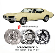 CUSTOM CLASSIC VINTAGE RESTOMOD RETRO OLD SCHOOL FORGED WHEELS RIMS for OLDSMOBILE CUTLASS RAM-ROD 350 1968 - 1968
Custom forged wheels for classic American muscle cars. Ideal for restomod builds, vintage restorations, and show cars. Deep dish and retro styling available.

We manufacture premium quality forged wheels rims for Oldsmobile Cutlass Ram-Rod 350 1968 - 1968 in any design, size, color.

THIS WHEEL DESIGN CAN BE CUSTOM-MADE FOR YOUR CAR IN ANY SIZE AND COLOR OPTIONS
Available in monoblock, 2-piece,