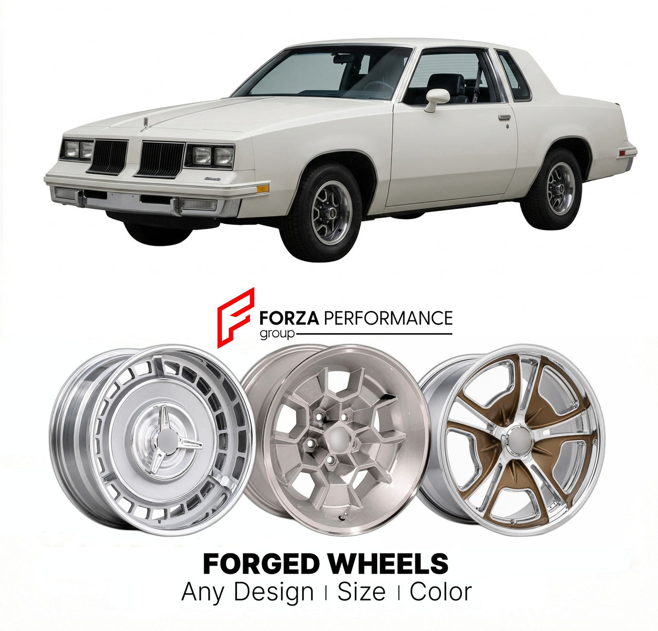 CUSTOM CLASSIC VINTAGE RESTOMOD RETRO OLD SCHOOL FORGED WHEELS RIMS for OLDSMOBILE CUTLASS SALON 1982 - 1987
Custom forged wheels for classic American muscle cars. Ideal for restomod builds, vintage restorations, and show cars. Deep dish and retro styling available.

We manufacture premium quality forged wheels rims for Oldsmobile Cutlass Salon 1982 - 1987 in any design, size, color.

THIS WHEEL DESIGN CAN BE CUSTOM-MADE FOR YOUR CAR IN ANY SIZE AND COLOR OPTIONS
Available in monoblock, 2-piece, 3-piece, du