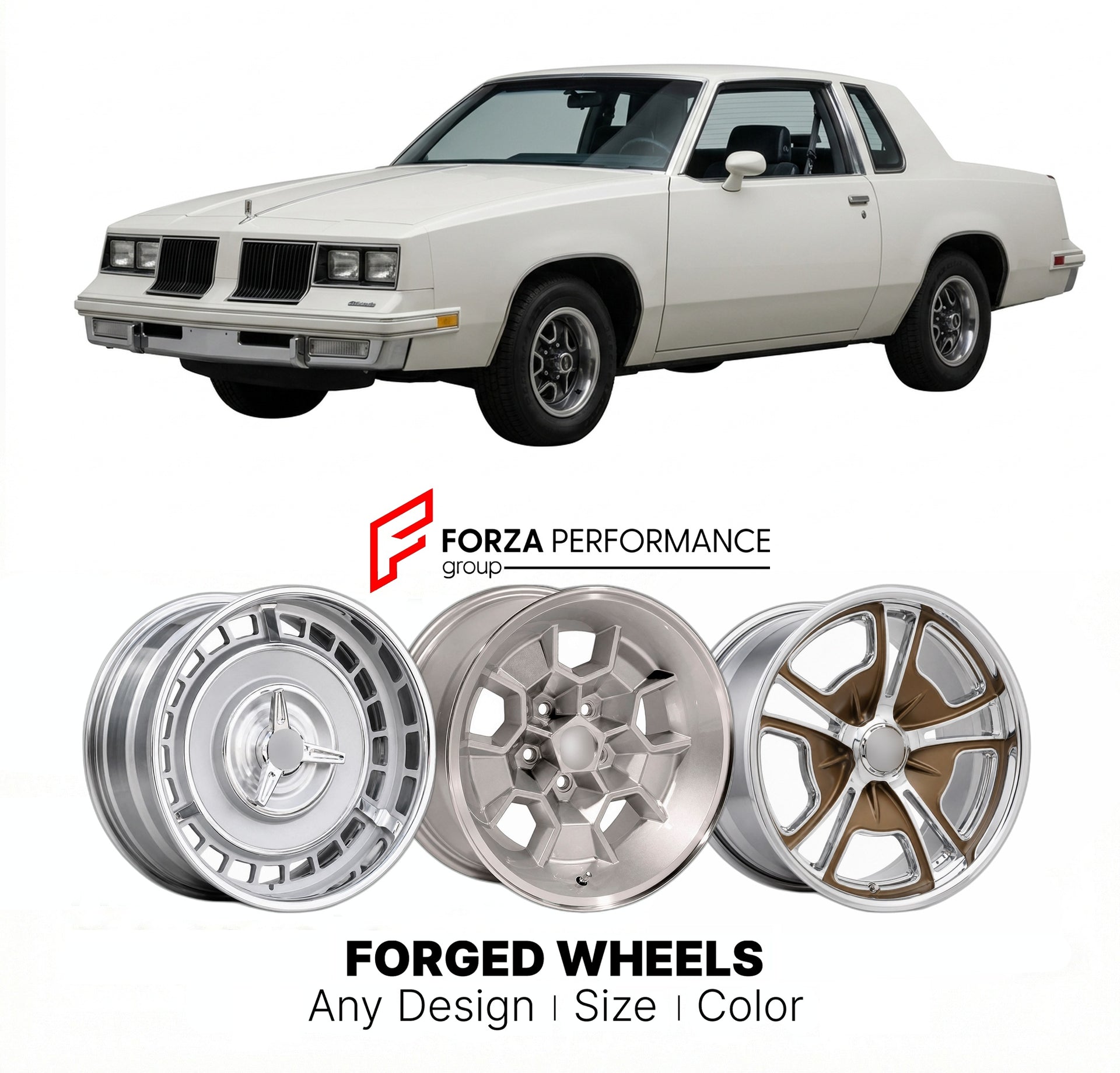 CUSTOM CLASSIC VINTAGE RESTOMOD RETRO OLD SCHOOL FORGED WHEELS RIMS for OLDSMOBILE CUTLASS SALON 1982 - 1987
Custom forged wheels for classic American muscle cars. Ideal for restomod builds, vintage restorations, and show cars. Deep dish and retro styling available.

We manufacture premium quality forged wheels rims for Oldsmobile Cutlass Salon 1982 - 1987 in any design, size, color.

THIS WHEEL DESIGN CAN BE CUSTOM-MADE FOR YOUR CAR IN ANY SIZE AND COLOR OPTIONS
Available in monoblock, 2-piece, 3-piece, du