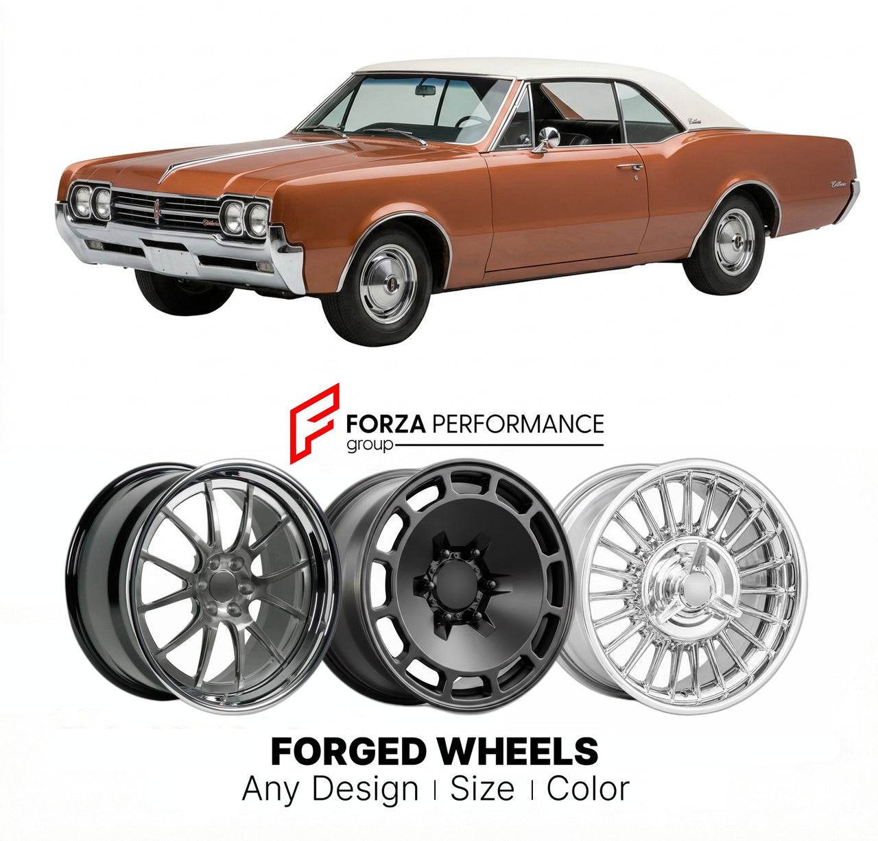 CUSTOM CLASSIC VINTAGE RESTOMOD RETRO OLD SCHOOL FORGED WHEELS RIMS for OLDSMOBILE CUTLASS SUPREME 1966 - 1967
Custom forged wheels for classic American muscle cars. Ideal for restomod builds, vintage restorations, and show cars. Deep dish and retro styling available.

We manufacture premium quality forged wheels rims for Oldsmobile Cutlass Supreme 1966 - 1967 in any design, size, color.

THIS WHEEL DESIGN CAN BE CUSTOM-MADE FOR YOUR CAR IN ANY SIZE AND COLOR OPTIONS
Available in monoblock, 2-piece, 3-piece