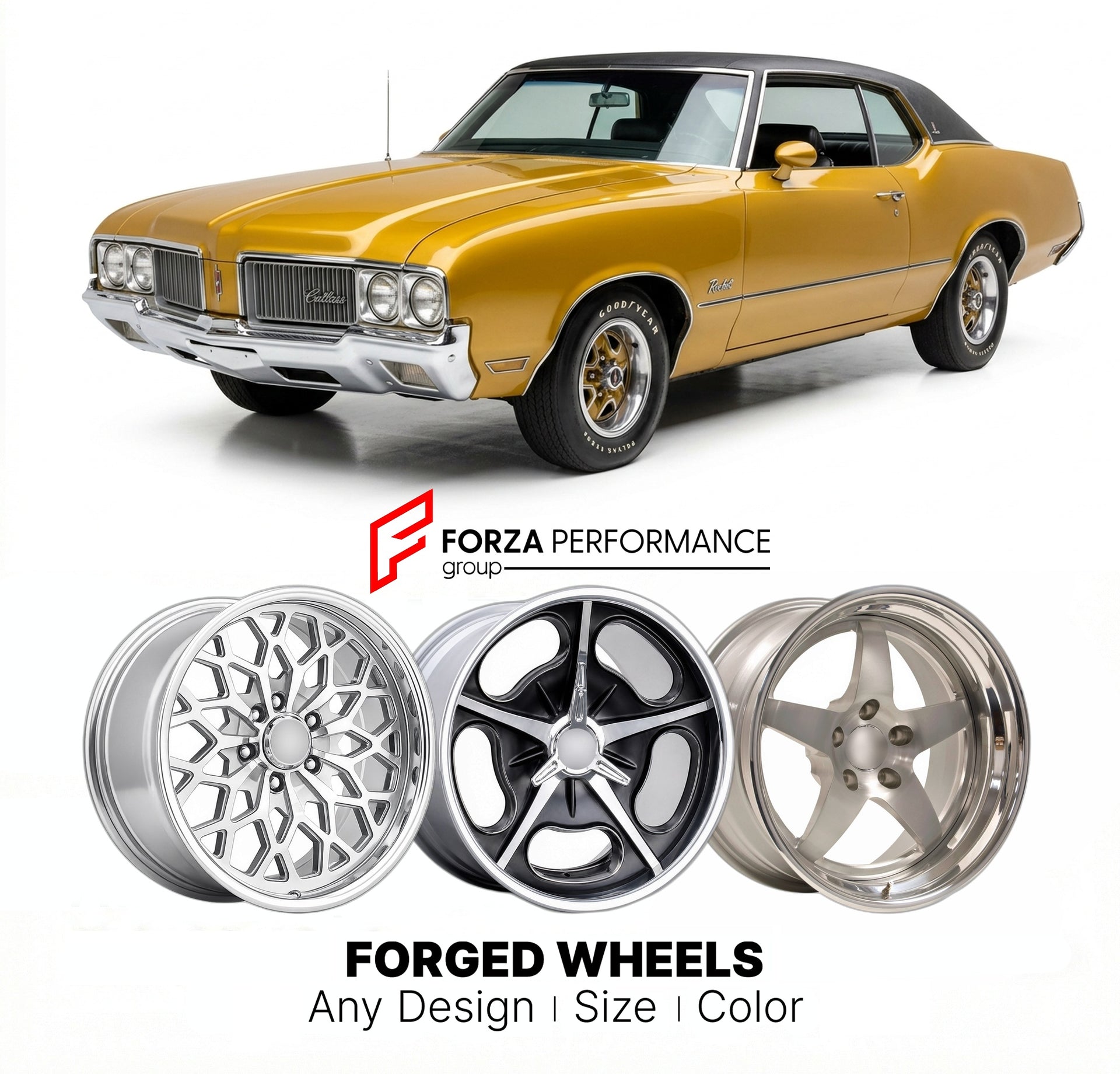 CUSTOM CLASSIC VINTAGE RESTOMOD RETRO OLD SCHOOL FORGED WHEELS RIMS for OLDSMOBILE CUTLASS SUPREME 1968 - 1972
Custom forged wheels for classic American muscle cars. Ideal for restomod builds, vintage restorations, and show cars. Deep dish and retro styling available.

We manufacture premium quality forged wheels rims for Oldsmobile Cutlass Supreme 1968 - 1972 in any design, size, color.

THIS WHEEL DESIGN CAN BE CUSTOM-MADE FOR YOUR CAR IN ANY SIZE AND COLOR OPTIONS
Available in monoblock, 2-piece, 3-piece
