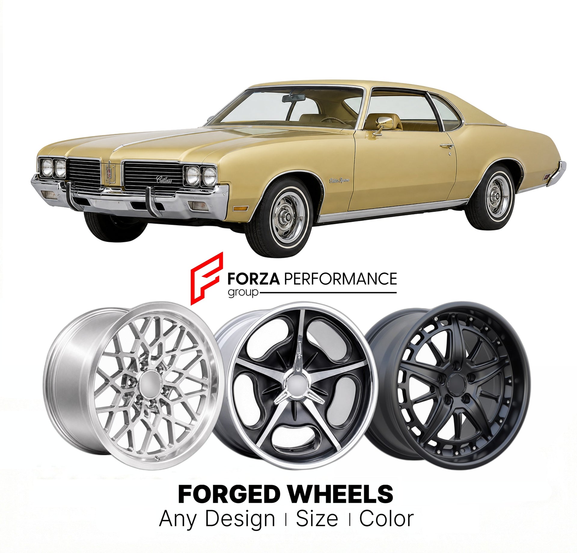 CUSTOM CLASSIC VINTAGE RESTOMOD RETRO OLD SCHOOL FORGED WHEELS RIMS for OLDSMOBILE CUTLASS SUPREME 1973 - 1977
Custom forged wheels for classic American muscle cars. Ideal for restomod builds, vintage restorations, and show cars. Deep dish and retro styling available.

We manufacture premium quality forged wheels rims for Oldsmobile Cutlass Supreme 1973 - 1977 in any design, size, color.

THIS WHEEL DESIGN CAN BE CUSTOM-MADE FOR YOUR CAR IN ANY SIZE AND COLOR OPTIONS
Available in monoblock, 2-piece, 3-piece