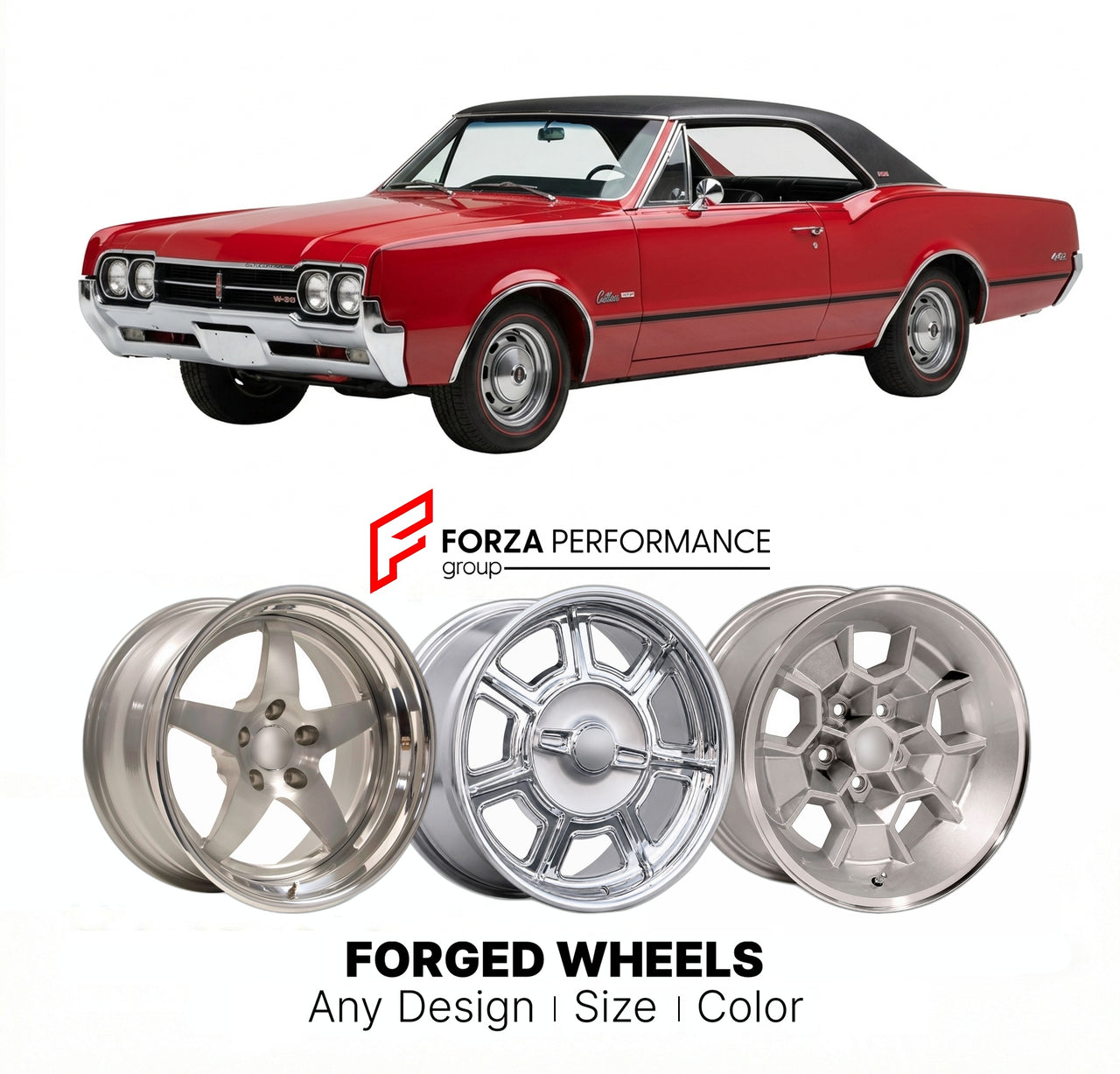 CUSTOM CLASSIC VINTAGE RESTOMOD RETRO OLD SCHOOL FORGED WHEELS RIMS for OLDSMOBILE CUTLASS W-30 1966 - 1972
Custom forged wheels for classic American muscle cars. Ideal for restomod builds, vintage restorations, and show cars. Deep dish and retro styling available.

We manufacture premium quality forged wheels rims for Oldsmobile Cutlass W-30 1966 - 1972 in any design, size, color.

THIS WHEEL DESIGN CAN BE CUSTOM-MADE FOR YOUR CAR IN ANY SIZE AND COLOR OPTIONS
Available in monoblock, 2-piece, 3-piece, duob