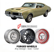 CUSTOM CLASSIC VINTAGE RESTOMOD RETRO OLD SCHOOL FORGED WHEELS RIMS for OLDSMOBILE CUTLASS W-31 1969 - 1970
Custom forged wheels for classic American muscle cars. Ideal for restomod builds, vintage restorations, and show cars. Deep dish and retro styling available.

We manufacture premium quality forged wheels rims for Oldsmobile Cutlass W-31 1969 - 1970 in any design, size, color.

THIS WHEEL DESIGN CAN BE CUSTOM-MADE FOR YOUR CAR IN ANY SIZE AND COLOR OPTIONS
Available in monoblock, 2-piece, 3-piece, duob