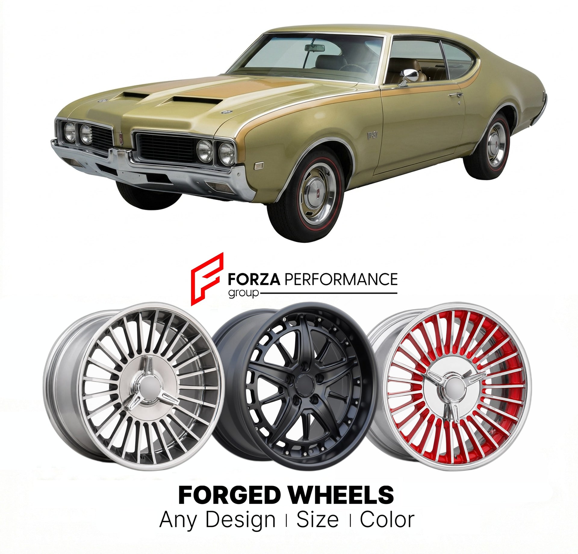 CUSTOM CLASSIC VINTAGE RESTOMOD RETRO OLD SCHOOL FORGED WHEELS RIMS for OLDSMOBILE CUTLASS W-31 1969 - 1970
Custom forged wheels for classic American muscle cars. Ideal for restomod builds, vintage restorations, and show cars. Deep dish and retro styling available.

We manufacture premium quality forged wheels rims for Oldsmobile Cutlass W-31 1969 - 1970 in any design, size, color.

THIS WHEEL DESIGN CAN BE CUSTOM-MADE FOR YOUR CAR IN ANY SIZE AND COLOR OPTIONS
Available in monoblock, 2-piece, 3-piece, duob
