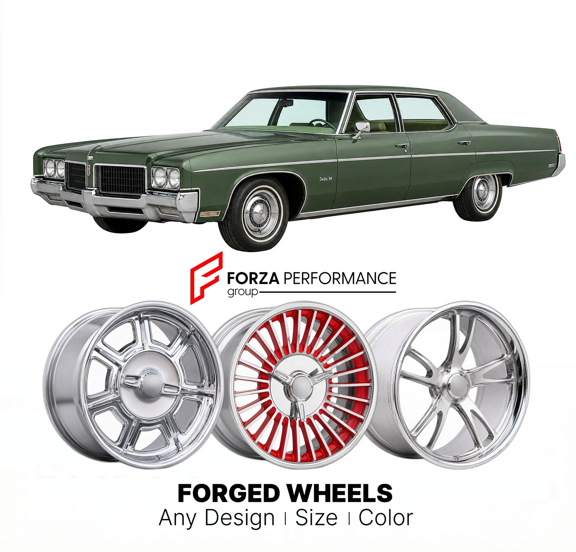 CUSTOM CLASSIC VINTAGE RESTOMOD RETRO OLD SCHOOL FORGED WHEELS RIMS for OLDSMOBILE DELTA 88 1971 - 1976
Custom forged wheels for classic American muscle cars. Ideal for restomod builds, vintage restorations, and show cars. Deep dish and retro styling available.

We manufacture premium quality forged wheels rims for Oldsmobile Delta 88 1971 - 1976 in any design, size, color.

THIS WHEEL DESIGN CAN BE CUSTOM-MADE FOR YOUR CAR IN ANY SIZE AND COLOR OPTIONS
Available in monoblock, 2-piece, 3-piece, duoblock, be