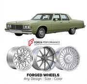CUSTOM CLASSIC VINTAGE RESTOMOD RETRO OLD SCHOOL FORGED WHEELS RIMS for OLDSMOBILE DELTA 88 1977 - 1985
Custom forged wheels for classic American muscle cars. Ideal for restomod builds, vintage restorations, and show cars. Deep dish and retro styling available.

We manufacture premium quality forged wheels rims for Oldsmobile Delta 88 1977 - 1985 in any design, size, color.

THIS WHEEL DESIGN CAN BE CUSTOM-MADE FOR YOUR CAR IN ANY SIZE AND COLOR OPTIONS
Available in monoblock, 2-piece, 3-piece, duoblock, be