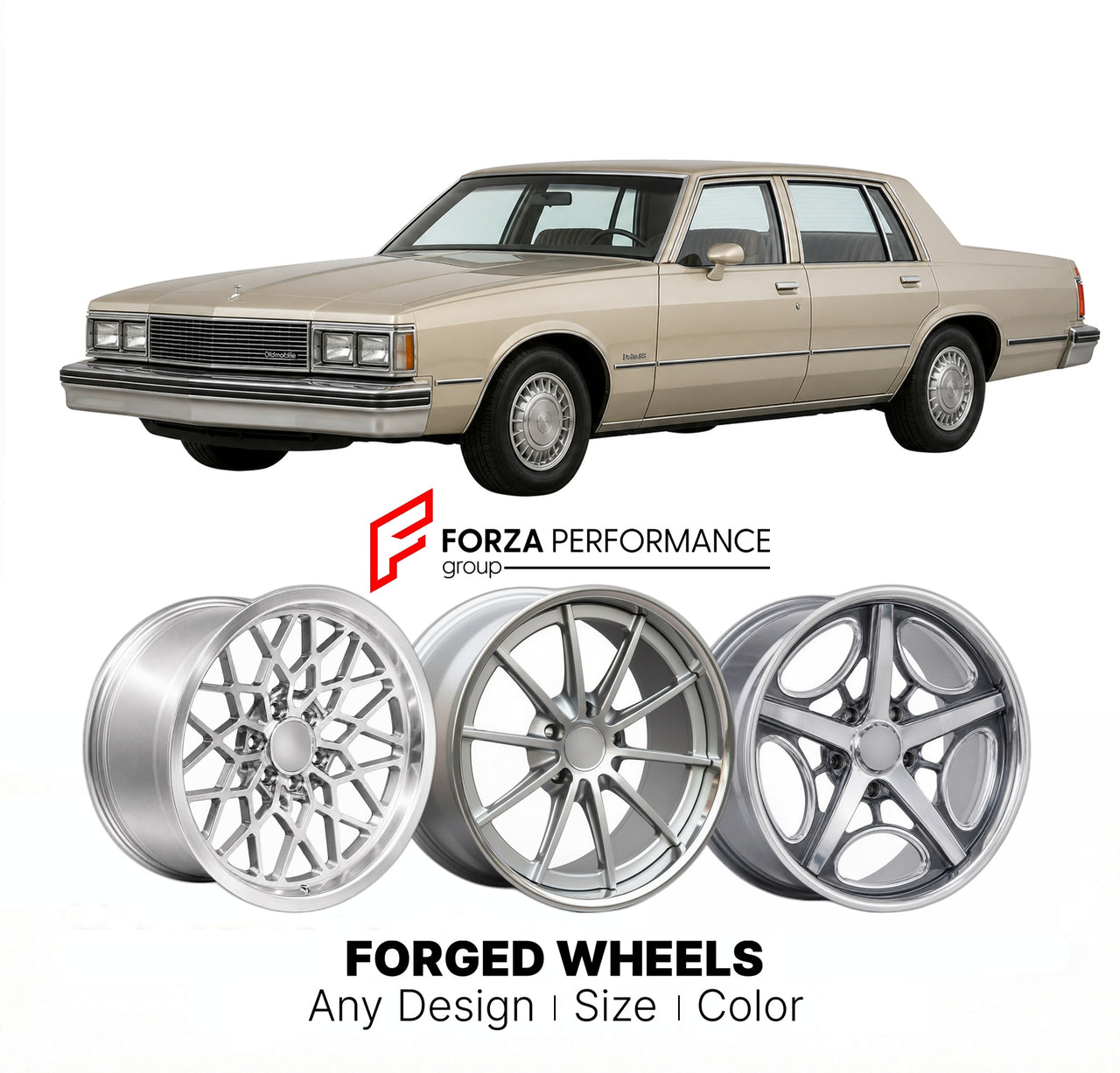 CUSTOM CLASSIC VINTAGE RESTOMOD RETRO OLD SCHOOL FORGED WHEELS RIMS for OLDSMOBILE DELTA 88 1986 - 1990
Custom forged wheels for classic American muscle cars. Ideal for restomod builds, vintage restorations, and show cars. Deep dish and retro styling available.

We manufacture premium quality forged wheels rims for Oldsmobile Delta 88 1986 - 1990 in any design, size, color.

THIS WHEEL DESIGN CAN BE CUSTOM-MADE FOR YOUR CAR IN ANY SIZE AND COLOR OPTIONS
Available in monoblock, 2-piece, 3-piece, duoblock, be