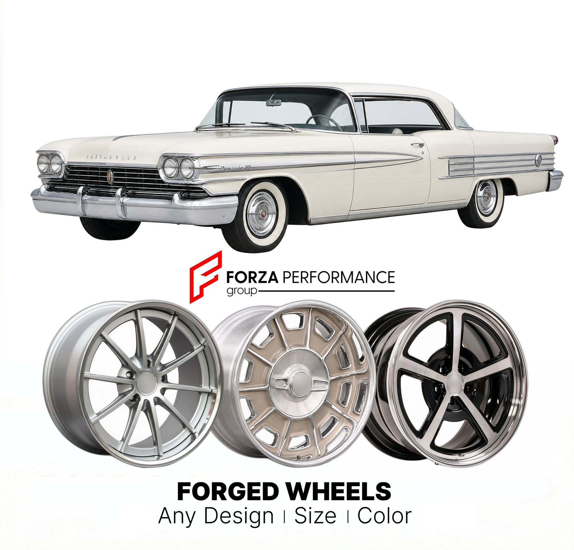 CUSTOM CLASSIC VINTAGE RESTOMOD RETRO OLD SCHOOL FORGED WHEELS RIMS for OLDSMOBILE DYNAMIC 88 1958 - 1960
Custom forged wheels for classic American muscle cars. Ideal for restomod builds, vintage restorations, and show cars. Deep dish and retro styling available.

We manufacture premium quality forged wheels rims for Oldsmobile Dynamic 88 1958 - 1960 in any design, size, color.

THIS WHEEL DESIGN CAN BE CUSTOM-MADE FOR YOUR CAR IN ANY SIZE AND COLOR OPTIONS
Available in monoblock, 2-piece, 3-piece, duoblock