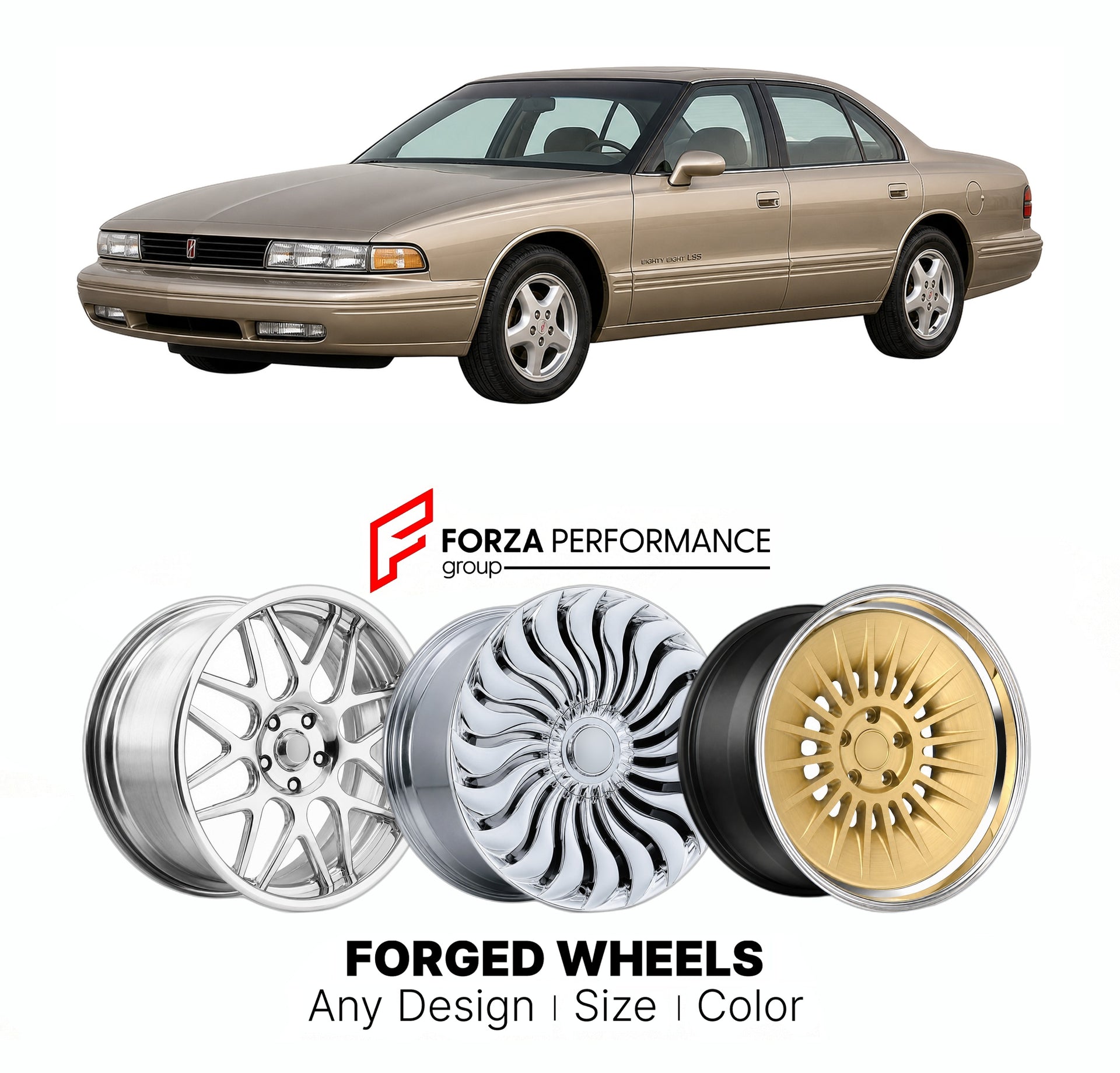 FORGED WHEELS RIMS for OLDSMOBILE EIGHTY-EIGHT LSS 1992 - 1999

Custom forged wheels for Oldsmobile Eighty-Eight LSS 1992 - 1999. Made-to-order monoblock, 2-piece and 3-piece rims in custom sizes, offsets, colors and finishes with guaranteed fitment.

We manufacture premium quality forged wheels rims for Oldsmobile Eighty-Eight LSS 1992 - 1999 in any design, size, color.

THIS WHEEL DESIGN CAN BE CUSTOM-MADE FOR YOUR CAR IN ANY SIZE AND COLOR OPTIONS
Available in monoblock, 2-piece, 3-piece, duoblock, beadl