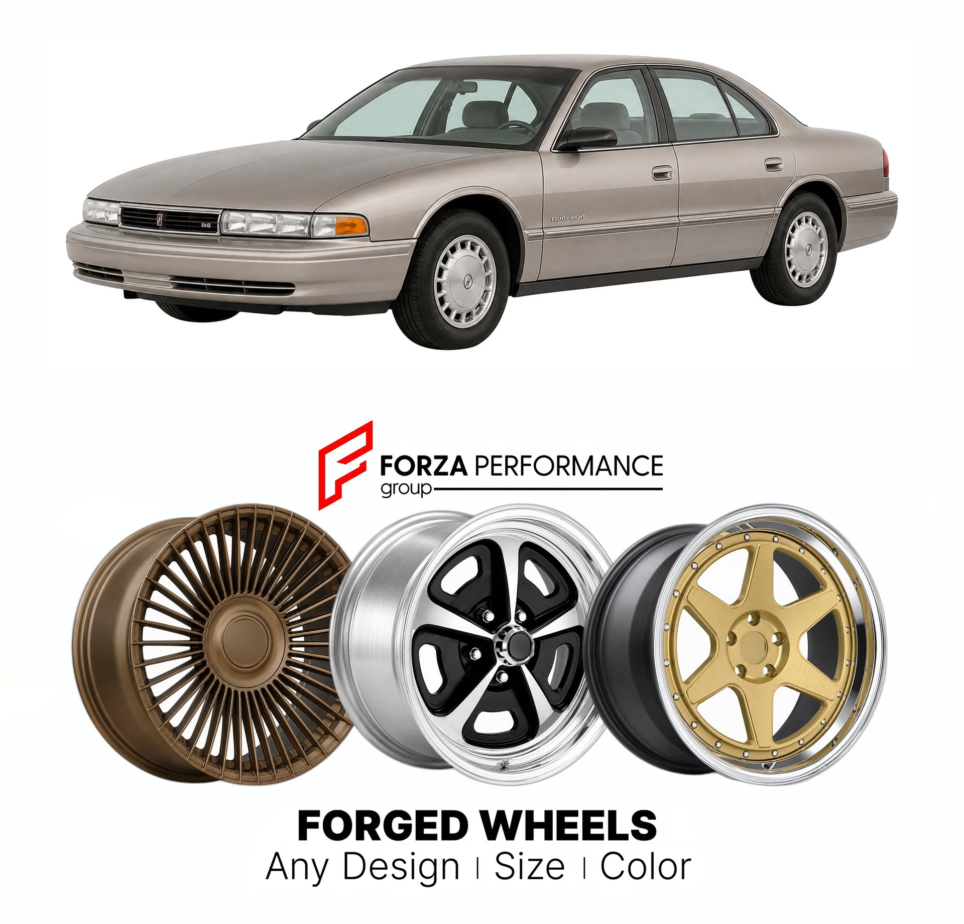 FORGED WHEELS RIMS for OLDSMOBILE EIGHTY-EIGHT ROYALE 1992 - 1999

Custom forged wheels for Oldsmobile Eighty-Eight Royale 1992 - 1999. Made-to-order monoblock, 2-piece and 3-piece rims in custom sizes, offsets, colors and finishes with guaranteed fitment.

We manufacture premium quality forged wheels rims for Oldsmobile Eighty-Eight Royale 1992 - 1999 in any design, size, color.

THIS WHEEL DESIGN CAN BE CUSTOM-MADE FOR YOUR CAR IN ANY SIZE AND COLOR OPTIONS
Available in monoblock, 2-piece, 3-piece, duoblo