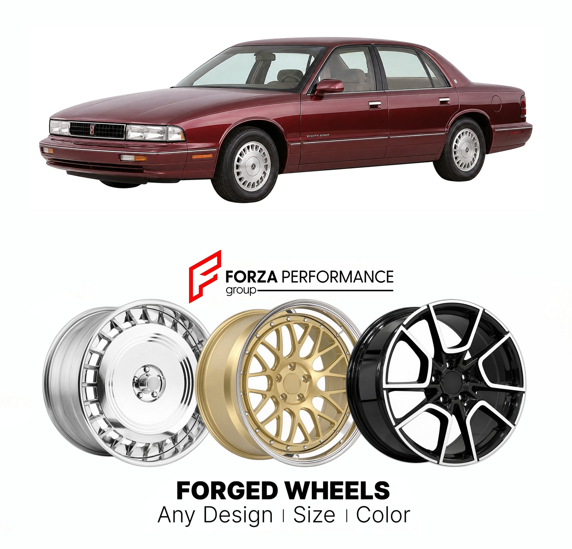 FORGED WHEELS RIMS for OLDSMOBILE EIGHTY EIGHT 1992 - 1999

Custom forged wheels for Oldsmobile Eighty Eight 1992 - 1999. Made-to-order monoblock, 2-piece and 3-piece rims in custom sizes, offsets, colors and finishes with guaranteed fitment.

We manufacture premium quality forged wheels rims for Oldsmobile Eighty Eight 1992 - 1999 in any design, size, color.

THIS WHEEL DESIGN CAN BE CUSTOM-MADE FOR YOUR CAR IN ANY SIZE AND COLOR OPTIONS
Available in monoblock, 2-piece, 3-piece, duoblock, beadlock
3D wheel