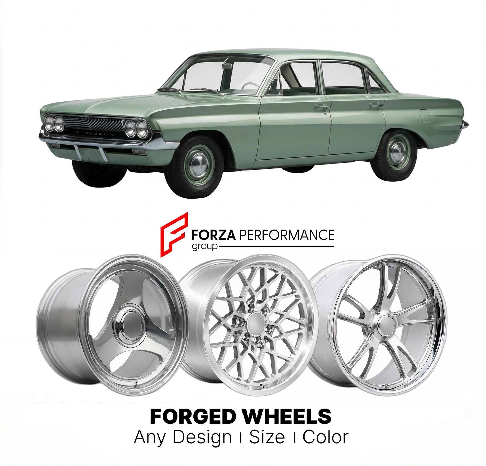 CUSTOM CLASSIC VINTAGE RESTOMOD RETRO OLD SCHOOL FORGED WHEELS RIMS for OLDSMOBILE F-85 1961 - 1972
Custom forged wheels for classic American muscle cars. Ideal for restomod builds, vintage restorations, and show cars. Deep dish and retro styling available.

We manufacture premium quality forged wheels rims for Oldsmobile F-85 1961 - 1972 in any design, size, color.

THIS WHEEL DESIGN CAN BE CUSTOM-MADE FOR YOUR CAR IN ANY SIZE AND COLOR OPTIONS
Available in monoblock, 2-piece, 3-piece, duoblock, beadlock
3