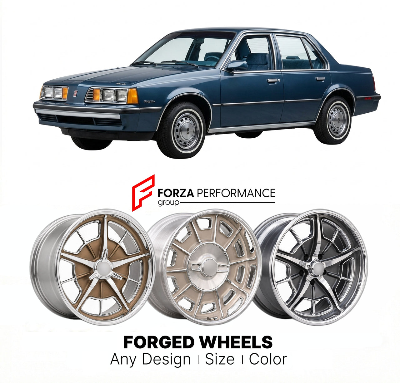 CUSTOM CLASSIC VINTAGE RESTOMOD RETRO OLD SCHOOL FORGED WHEELS RIMS for OLDSMOBILE FIRENZA 1982 - 1988
Custom forged wheels for classic American muscle cars. Ideal for restomod builds, vintage restorations, and show cars. Deep dish and retro styling available.

We manufacture premium quality forged wheels rims for Oldsmobile Firenza 1982 - 1988 in any design, size, color.

THIS WHEEL DESIGN CAN BE CUSTOM-MADE FOR YOUR CAR IN ANY SIZE AND COLOR OPTIONS
Available in monoblock, 2-piece, 3-piece, duoblock, bead