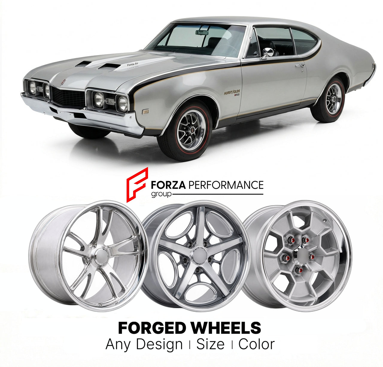 CUSTOM CLASSIC VINTAGE RESTOMOD RETRO OLD SCHOOL FORGED WHEELS RIMS for OLDSMOBILE HURST/OLDS 1968 - 1972
Custom forged wheels for classic American muscle cars. Ideal for restomod builds, vintage restorations, and show cars. Deep dish and retro styling available.

We manufacture premium quality forged wheels rims for Oldsmobile Hurst/Olds 1968 - 1972 in any design, size, color.

THIS WHEEL DESIGN CAN BE CUSTOM-MADE FOR YOUR CAR IN ANY SIZE AND COLOR OPTIONS
Available in monoblock, 2-piece, 3-piece, duoblock