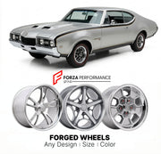 CUSTOM CLASSIC VINTAGE RESTOMOD RETRO OLD SCHOOL FORGED WHEELS RIMS for OLDSMOBILE HURST/OLDS 1968 - 1972
Custom forged wheels for classic American muscle cars. Ideal for restomod builds, vintage restorations, and show cars. Deep dish and retro styling available.

We manufacture premium quality forged wheels rims for Oldsmobile Hurst/Olds 1968 - 1972 in any design, size, color.

THIS WHEEL DESIGN CAN BE CUSTOM-MADE FOR YOUR CAR IN ANY SIZE AND COLOR OPTIONS
Available in monoblock, 2-piece, 3-piece, duoblock