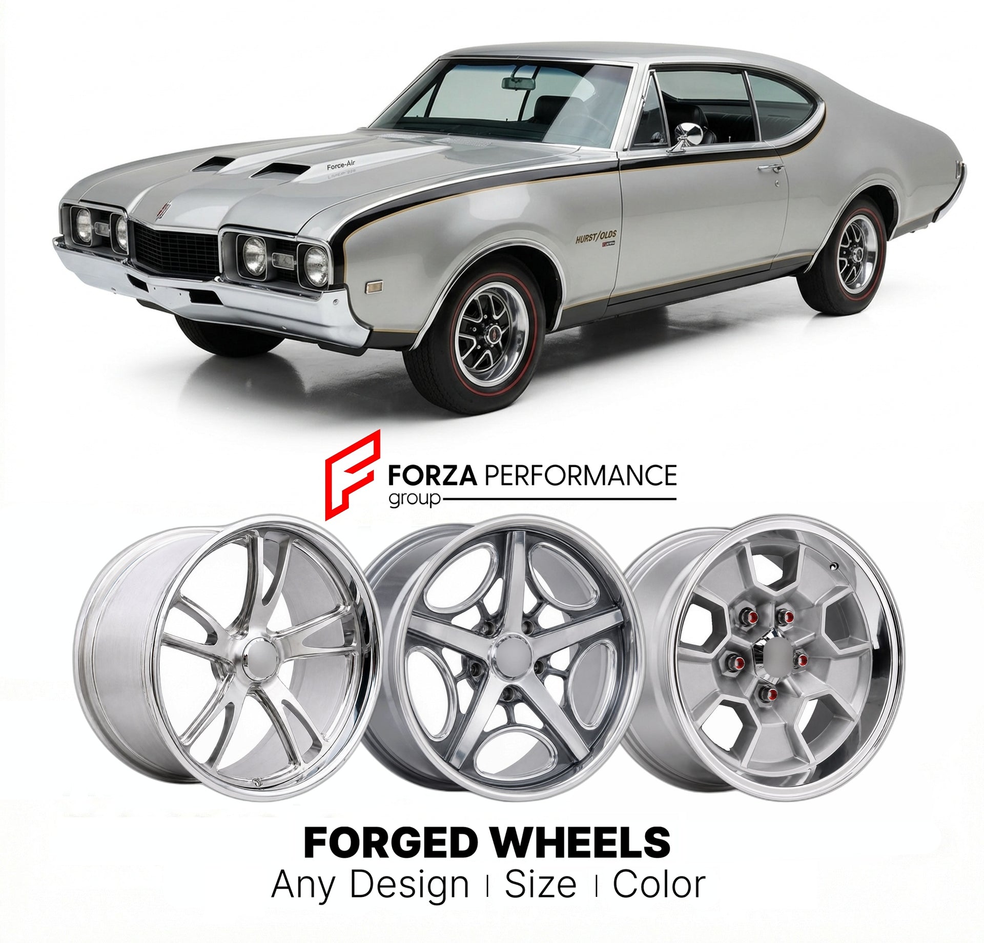 CUSTOM CLASSIC VINTAGE RESTOMOD RETRO OLD SCHOOL FORGED WHEELS RIMS for OLDSMOBILE HURST/OLDS 1968 - 1972
Custom forged wheels for classic American muscle cars. Ideal for restomod builds, vintage restorations, and show cars. Deep dish and retro styling available.

We manufacture premium quality forged wheels rims for Oldsmobile Hurst/Olds 1968 - 1972 in any design, size, color.

THIS WHEEL DESIGN CAN BE CUSTOM-MADE FOR YOUR CAR IN ANY SIZE AND COLOR OPTIONS
Available in monoblock, 2-piece, 3-piece, duoblock