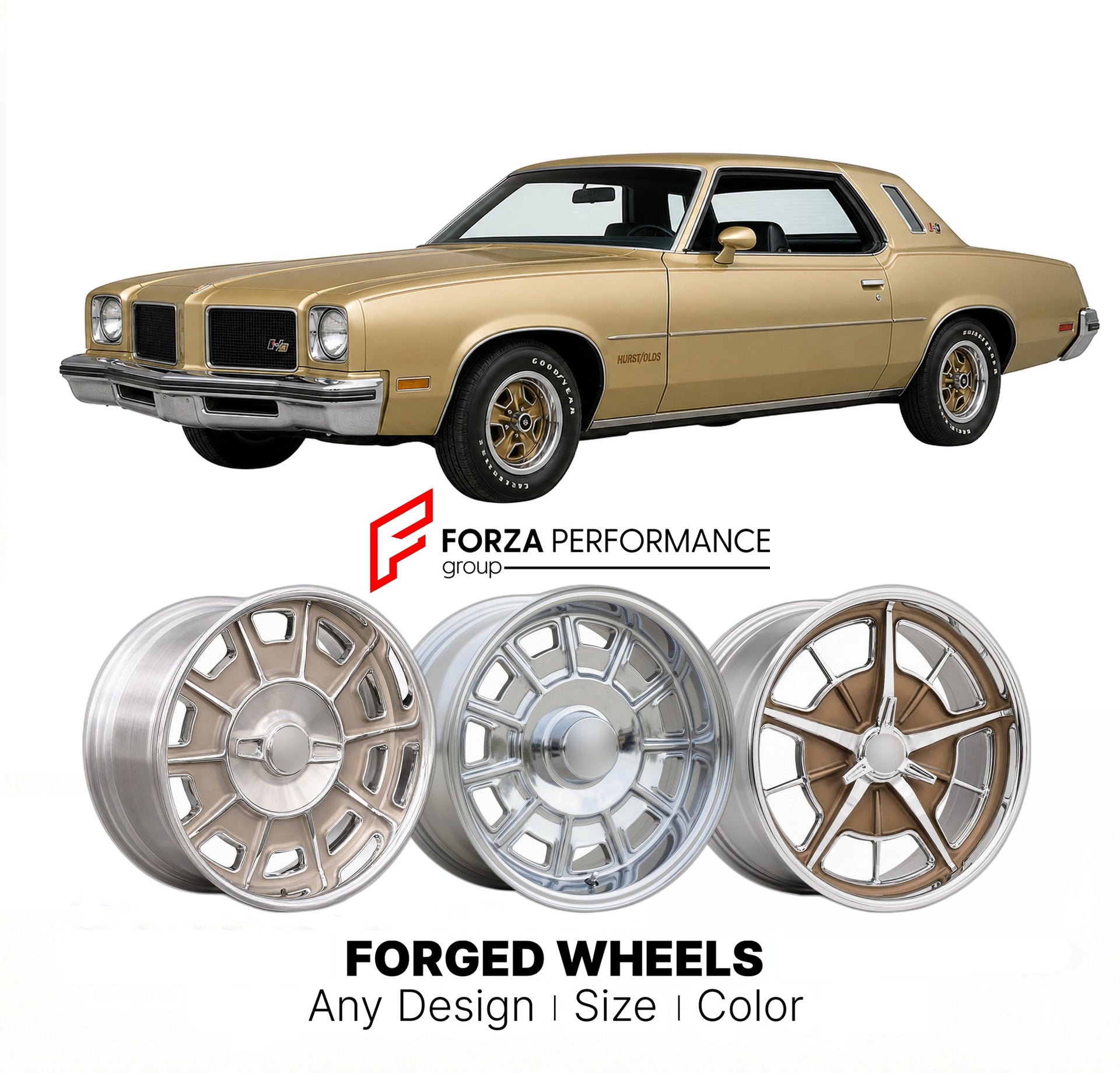 CUSTOM CLASSIC VINTAGE RESTOMOD RETRO OLD SCHOOL FORGED WHEELS RIMS for OLDSMOBILE HURST/OLDS 1973 - 1977
Custom forged wheels for classic American muscle cars. Ideal for restomod builds, vintage restorations, and show cars. Deep dish and retro styling available.

We manufacture premium quality forged wheels rims for Oldsmobile Hurst/Olds 1973 - 1977 in any design, size, color.

THIS WHEEL DESIGN CAN BE CUSTOM-MADE FOR YOUR CAR IN ANY SIZE AND COLOR OPTIONS
Available in monoblock, 2-piece, 3-piece, duoblock