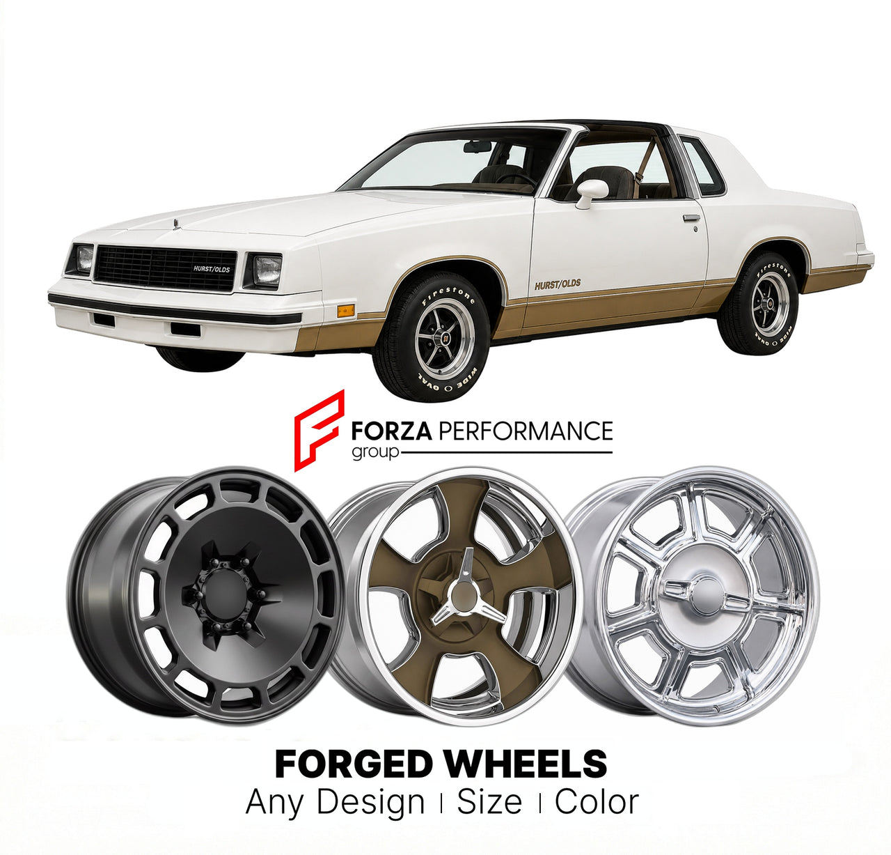 CUSTOM CLASSIC VINTAGE RESTOMOD RETRO OLD SCHOOL FORGED WHEELS RIMS for OLDSMOBILE HURST/OLDS 1978 - 1988
Custom forged wheels for classic American muscle cars. Ideal for restomod builds, vintage restorations, and show cars. Deep dish and retro styling available.

We manufacture premium quality forged wheels rims for Oldsmobile Hurst/Olds 1978 - 1988 in any design, size, color.

THIS WHEEL DESIGN CAN BE CUSTOM-MADE FOR YOUR CAR IN ANY SIZE AND COLOR OPTIONS
Available in monoblock, 2-piece, 3-piece, duoblock