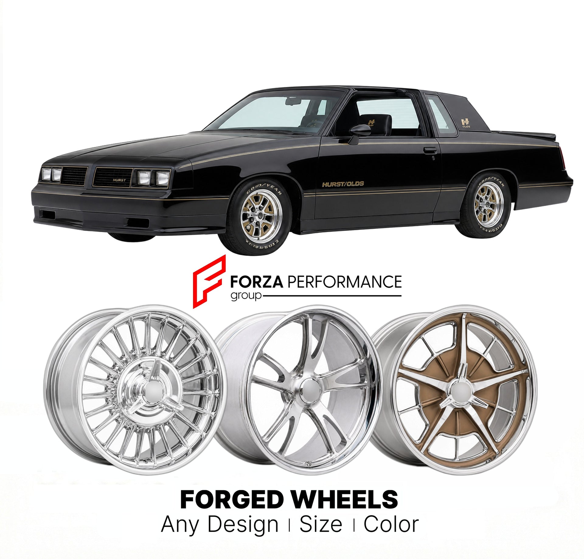 CUSTOM CLASSIC VINTAGE RESTOMOD RETRO OLD SCHOOL FORGED WHEELS RIMS for OLDSMOBILE HURST/OLDS 1989 - 1990
Custom forged wheels for classic American muscle cars. Ideal for restomod builds, vintage restorations, and show cars. Deep dish and retro styling available.

We manufacture premium quality forged wheels rims for Oldsmobile Hurst/Olds 1989 - 1990 in any design, size, color.

THIS WHEEL DESIGN CAN BE CUSTOM-MADE FOR YOUR CAR IN ANY SIZE AND COLOR OPTIONS
Available in monoblock, 2-piece, 3-piece, duoblock