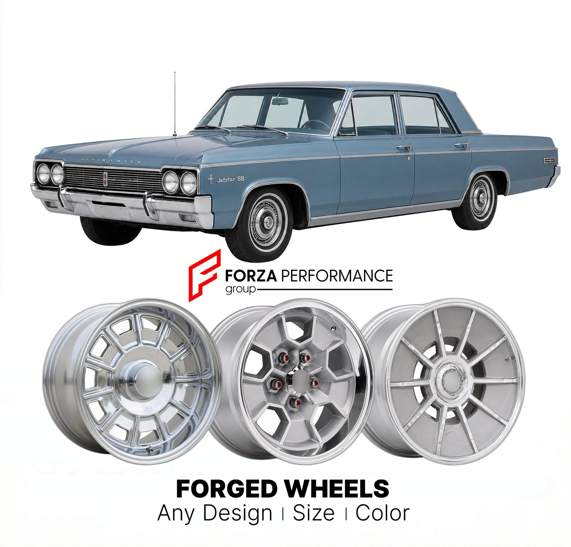 CUSTOM CLASSIC VINTAGE RESTOMOD RETRO OLD SCHOOL FORGED WHEELS RIMS for OLDSMOBILE JETSTAR 88 1964 - 1964
Custom forged wheels for classic American muscle cars. Ideal for restomod builds, vintage restorations, and show cars. Deep dish and retro styling available.

We manufacture premium quality forged wheels rims for Oldsmobile Jetstar 88 1964 - 1964 in any design, size, color.

THIS WHEEL DESIGN CAN BE CUSTOM-MADE FOR YOUR CAR IN ANY SIZE AND COLOR OPTIONS
Available in monoblock, 2-piece, 3-piece, duoblock