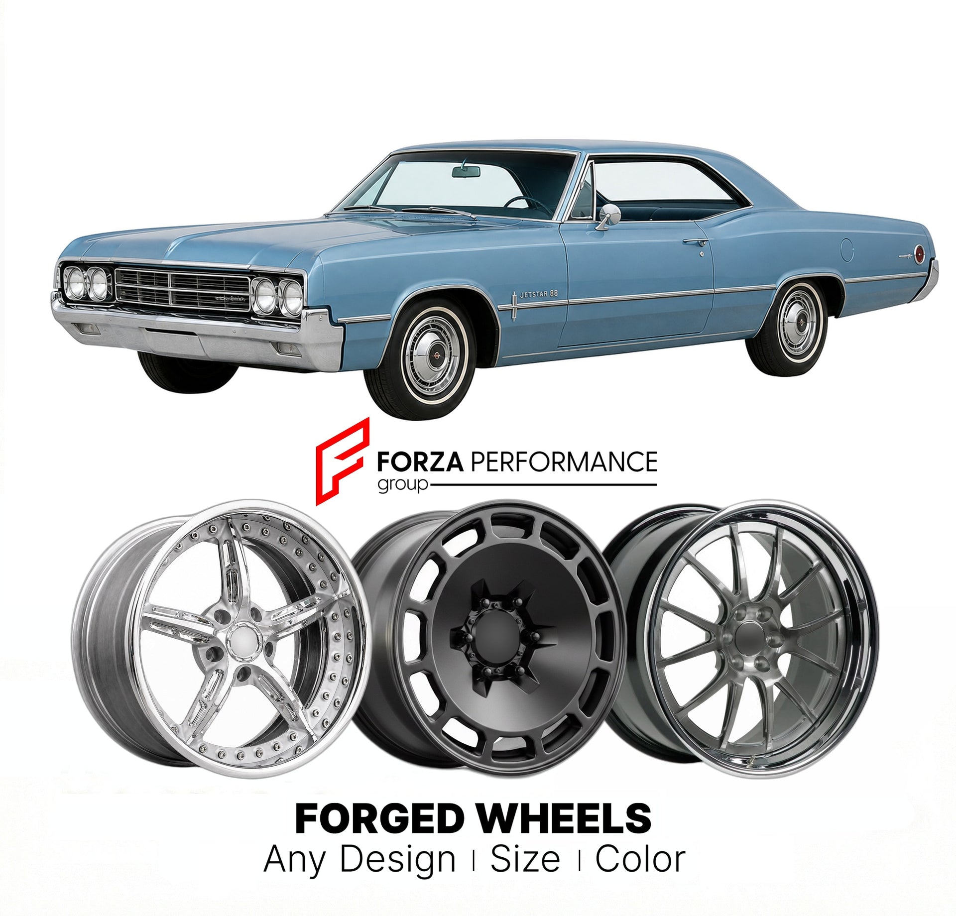 CUSTOM CLASSIC VINTAGE RESTOMOD RETRO OLD SCHOOL FORGED WHEELS RIMS for OLDSMOBILE JETSTAR 88 1965 - 1965
Custom forged wheels for classic American muscle cars. Ideal for restomod builds, vintage restorations, and show cars. Deep dish and retro styling available.

We manufacture premium quality forged wheels rims for Oldsmobile Jetstar 88 1965 - 1965 in any design, size, color.

THIS WHEEL DESIGN CAN BE CUSTOM-MADE FOR YOUR CAR IN ANY SIZE AND COLOR OPTIONS
Available in monoblock, 2-piece, 3-piece, duoblock