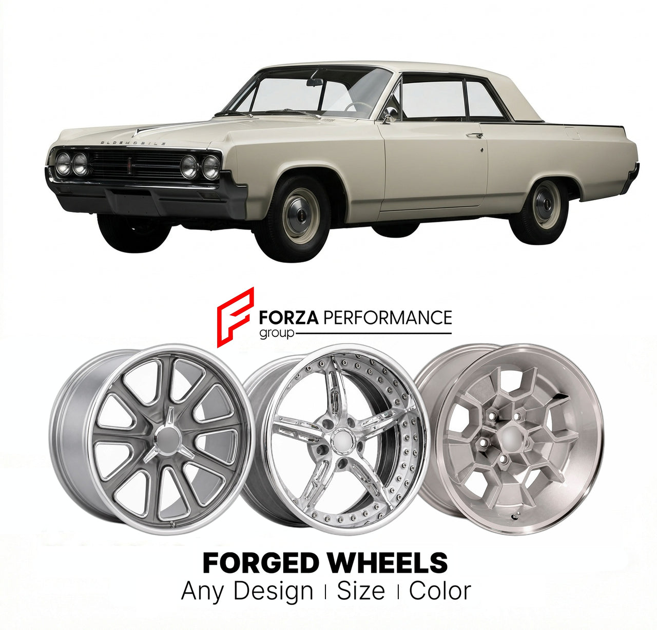 CUSTOM CLASSIC VINTAGE RESTOMOD RETRO OLD SCHOOL FORGED WHEELS RIMS for OLDSMOBILE JETSTAR I 1964 - 1965
Custom forged wheels for classic American muscle cars. Ideal for restomod builds, vintage restorations, and show cars. Deep dish and retro styling available.

We manufacture premium quality forged wheels rims for Oldsmobile Jetstar I 1964 - 1965 in any design, size, color.

THIS WHEEL DESIGN CAN BE CUSTOM-MADE FOR YOUR CAR IN ANY SIZE AND COLOR OPTIONS
Available in monoblock, 2-piece, 3-piece, duoblock, 