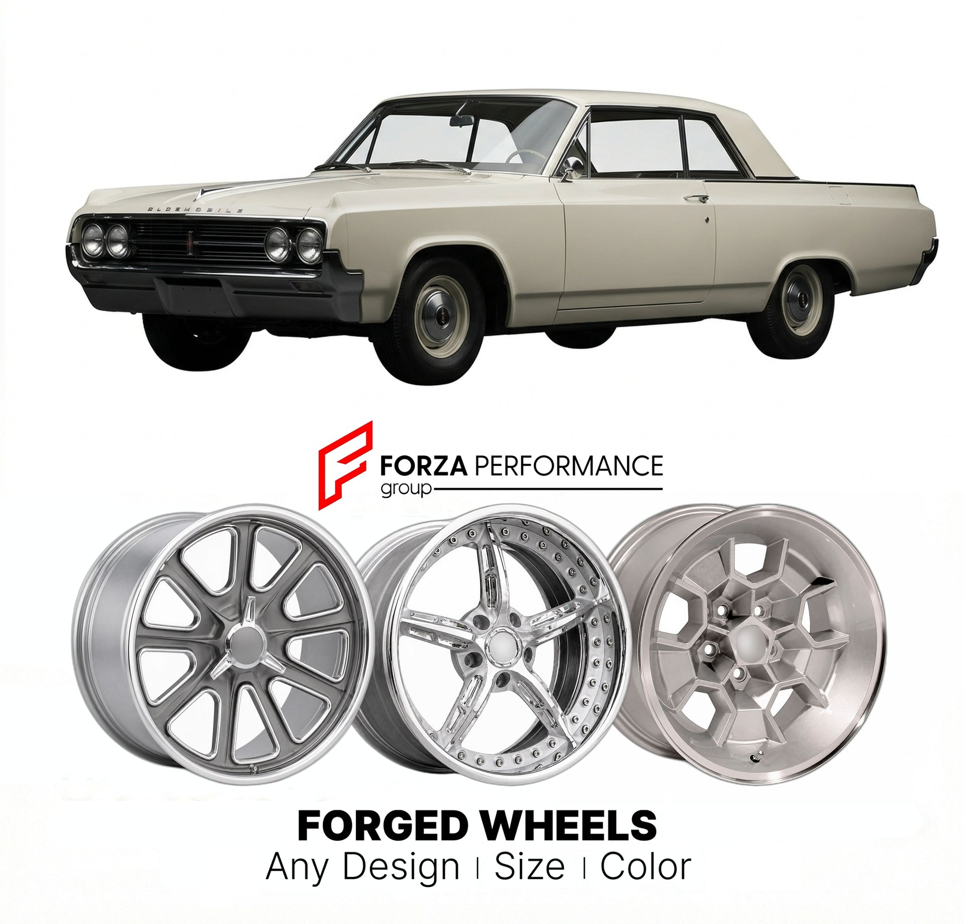 CUSTOM CLASSIC VINTAGE RESTOMOD RETRO OLD SCHOOL FORGED WHEELS RIMS for OLDSMOBILE JETSTAR I 1964 - 1965
Custom forged wheels for classic American muscle cars. Ideal for restomod builds, vintage restorations, and show cars. Deep dish and retro styling available.

We manufacture premium quality forged wheels rims for Oldsmobile Jetstar I 1964 - 1965 in any design, size, color.

THIS WHEEL DESIGN CAN BE CUSTOM-MADE FOR YOUR CAR IN ANY SIZE AND COLOR OPTIONS
Available in monoblock, 2-piece, 3-piece, duoblock, 