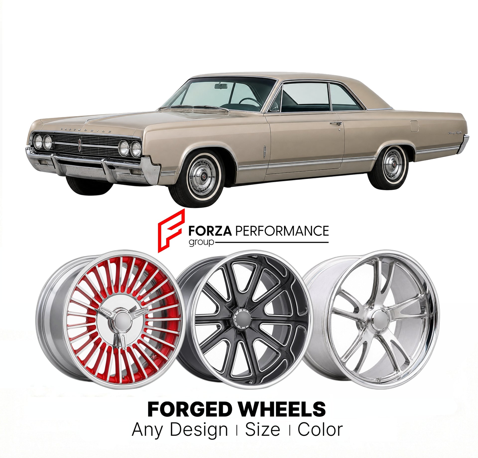 CUSTOM CLASSIC VINTAGE RESTOMOD RETRO OLD SCHOOL FORGED WHEELS RIMS for OLDSMOBILE NINETY-EIGHT 1965 - 1970
Custom forged wheels for classic American muscle cars. Ideal for restomod builds, vintage restorations, and show cars. Deep dish and retro styling available.

We manufacture premium quality forged wheels rims for Oldsmobile Ninety-Eight 1965 - 1970 in any design, size, color.

THIS WHEEL DESIGN CAN BE CUSTOM-MADE FOR YOUR CAR IN ANY SIZE AND COLOR OPTIONS
Available in monoblock, 2-piece, 3-piece, duob