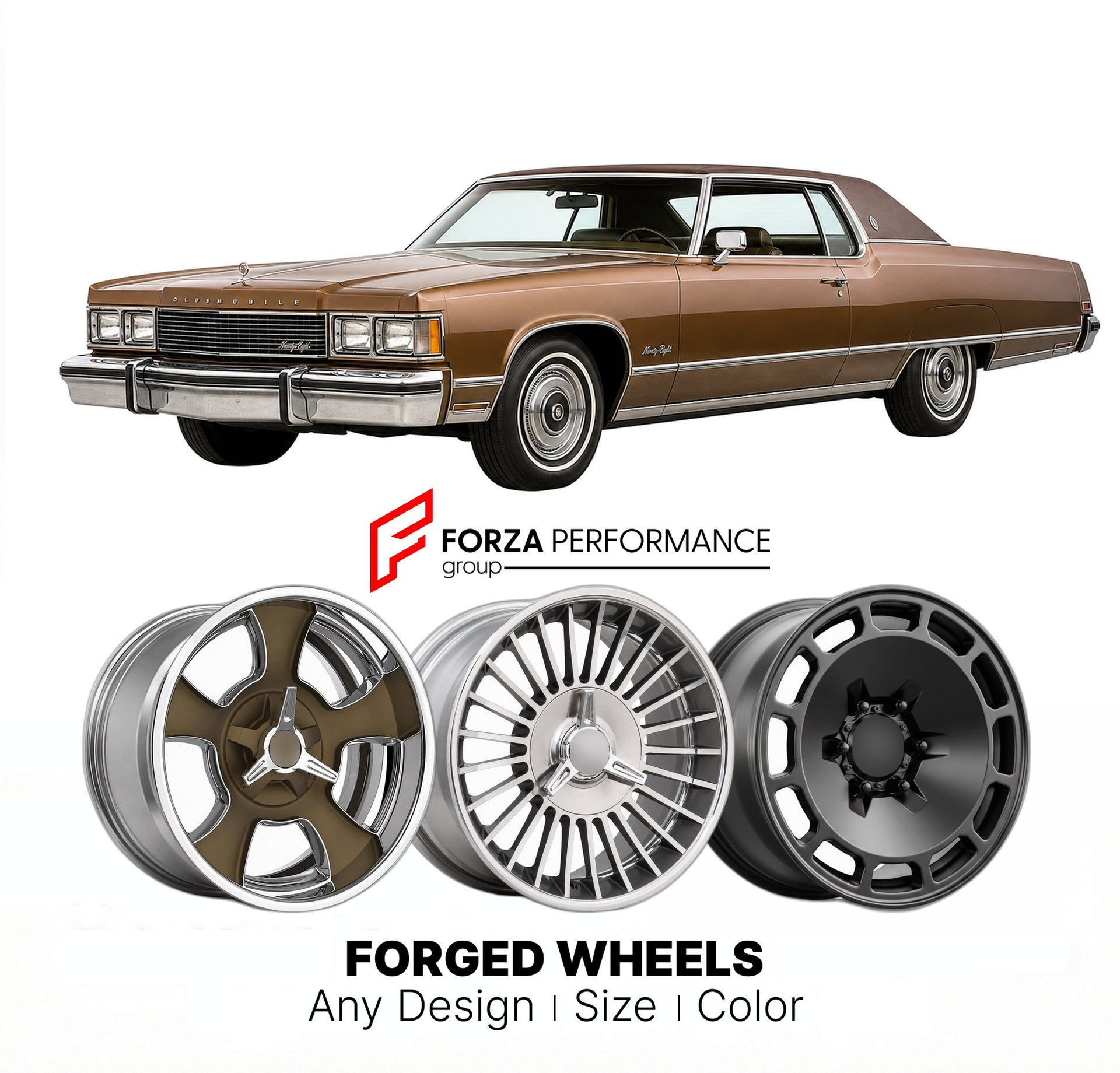 CUSTOM CLASSIC VINTAGE RESTOMOD RETRO OLD SCHOOL FORGED WHEELS RIMS for OLDSMOBILE NINETY-EIGHT 1977 - 1984
Custom forged wheels for classic American muscle cars. Ideal for restomod builds, vintage restorations, and show cars. Deep dish and retro styling available.

We manufacture premium quality forged wheels rims for Oldsmobile Ninety-Eight 1977 - 1984 in any design, size, color.

THIS WHEEL DESIGN CAN BE CUSTOM-MADE FOR YOUR CAR IN ANY SIZE AND COLOR OPTIONS
Available in monoblock, 2-piece, 3-piece, duob