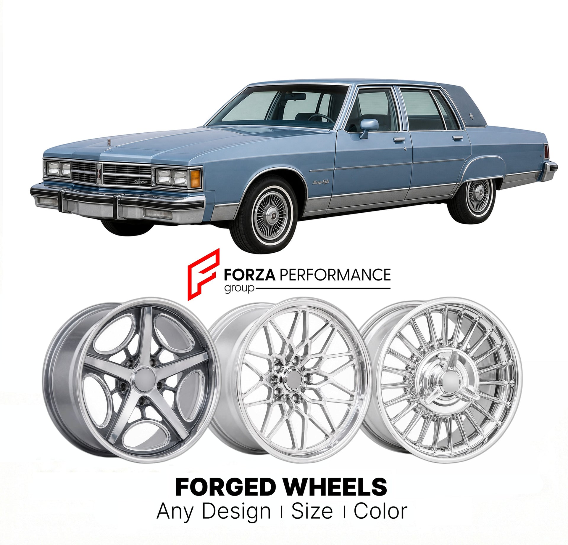 CUSTOM CLASSIC VINTAGE RESTOMOD RETRO OLD SCHOOL FORGED WHEELS RIMS for OLDSMOBILE NINETY-EIGHT 1985 - 1990
Custom forged wheels for classic American muscle cars. Ideal for restomod builds, vintage restorations, and show cars. Deep dish and retro styling available.

We manufacture premium quality forged wheels rims for Oldsmobile Ninety-Eight 1985 - 1990 in any design, size, color.

THIS WHEEL DESIGN CAN BE CUSTOM-MADE FOR YOUR CAR IN ANY SIZE AND COLOR OPTIONS
Available in monoblock, 2-piece, 3-piece, duob