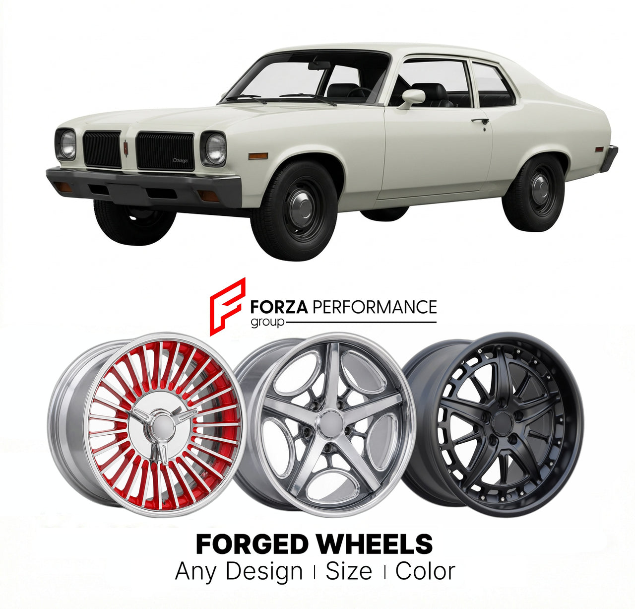 CUSTOM CLASSIC VINTAGE RESTOMOD RETRO OLD SCHOOL FORGED WHEELS RIMS for OLDSMOBILE OMEGA 1973 - 1984
Custom forged wheels for classic American muscle cars. Ideal for restomod builds, vintage restorations, and show cars. Deep dish and retro styling available.

We manufacture premium quality forged wheels rims for Oldsmobile Omega 1973 - 1984 in any design, size, color.

THIS WHEEL DESIGN CAN BE CUSTOM-MADE FOR YOUR CAR IN ANY SIZE AND COLOR OPTIONS
Available in monoblock, 2-piece, 3-piece, duoblock, beadlock