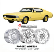 CUSTOM CLASSIC VINTAGE RESTOMOD RETRO OLD SCHOOL FORGED WHEELS RIMS for OLDSMOBILE RALLYE 350 1970 - 1970
Custom forged wheels for classic American muscle cars. Ideal for restomod builds, vintage restorations, and show cars. Deep dish and retro styling available.

We manufacture premium quality forged wheels rims for Oldsmobile Rallye 350 1970 - 1970 in any design, size, color.

THIS WHEEL DESIGN CAN BE CUSTOM-MADE FOR YOUR CAR IN ANY SIZE AND COLOR OPTIONS
Available in monoblock, 2-piece, 3-piece, duoblock