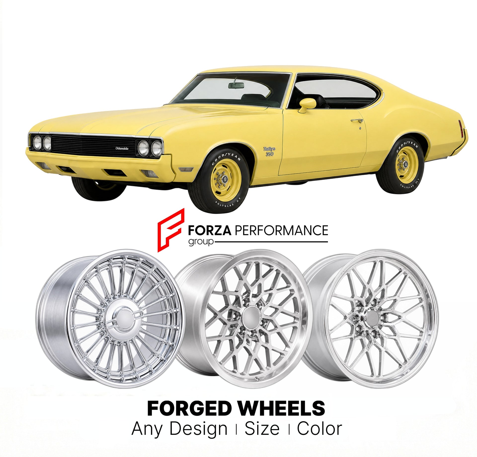 CUSTOM CLASSIC VINTAGE RESTOMOD RETRO OLD SCHOOL FORGED WHEELS RIMS for OLDSMOBILE RALLYE 350 1970 - 1970
Custom forged wheels for classic American muscle cars. Ideal for restomod builds, vintage restorations, and show cars. Deep dish and retro styling available.

We manufacture premium quality forged wheels rims for Oldsmobile Rallye 350 1970 - 1970 in any design, size, color.

THIS WHEEL DESIGN CAN BE CUSTOM-MADE FOR YOUR CAR IN ANY SIZE AND COLOR OPTIONS
Available in monoblock, 2-piece, 3-piece, duoblock