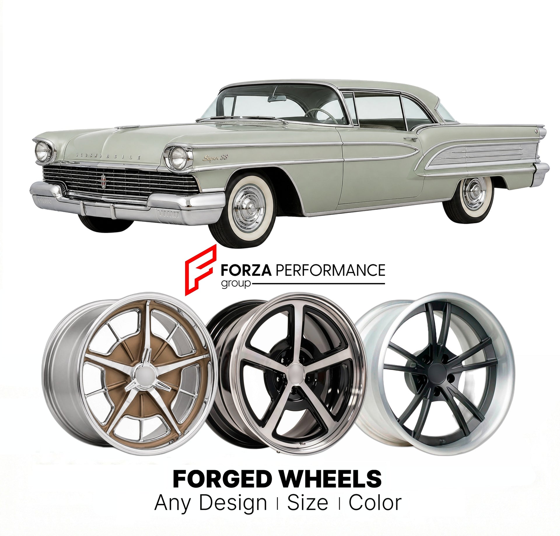 CUSTOM CLASSIC VINTAGE RESTOMOD RETRO OLD SCHOOL FORGED WHEELS RIMS for OLDSMOBILE SUPER 88 1958 - 1960
Custom forged wheels for classic American muscle cars. Ideal for restomod builds, vintage restorations, and show cars. Deep dish and retro styling available.

We manufacture premium quality forged wheels rims for Oldsmobile Super 88 1958 - 1960 in any design, size, color.

THIS WHEEL DESIGN CAN BE CUSTOM-MADE FOR YOUR CAR IN ANY SIZE AND COLOR OPTIONS
Available in monoblock, 2-piece, 3-piece, duoblock, be