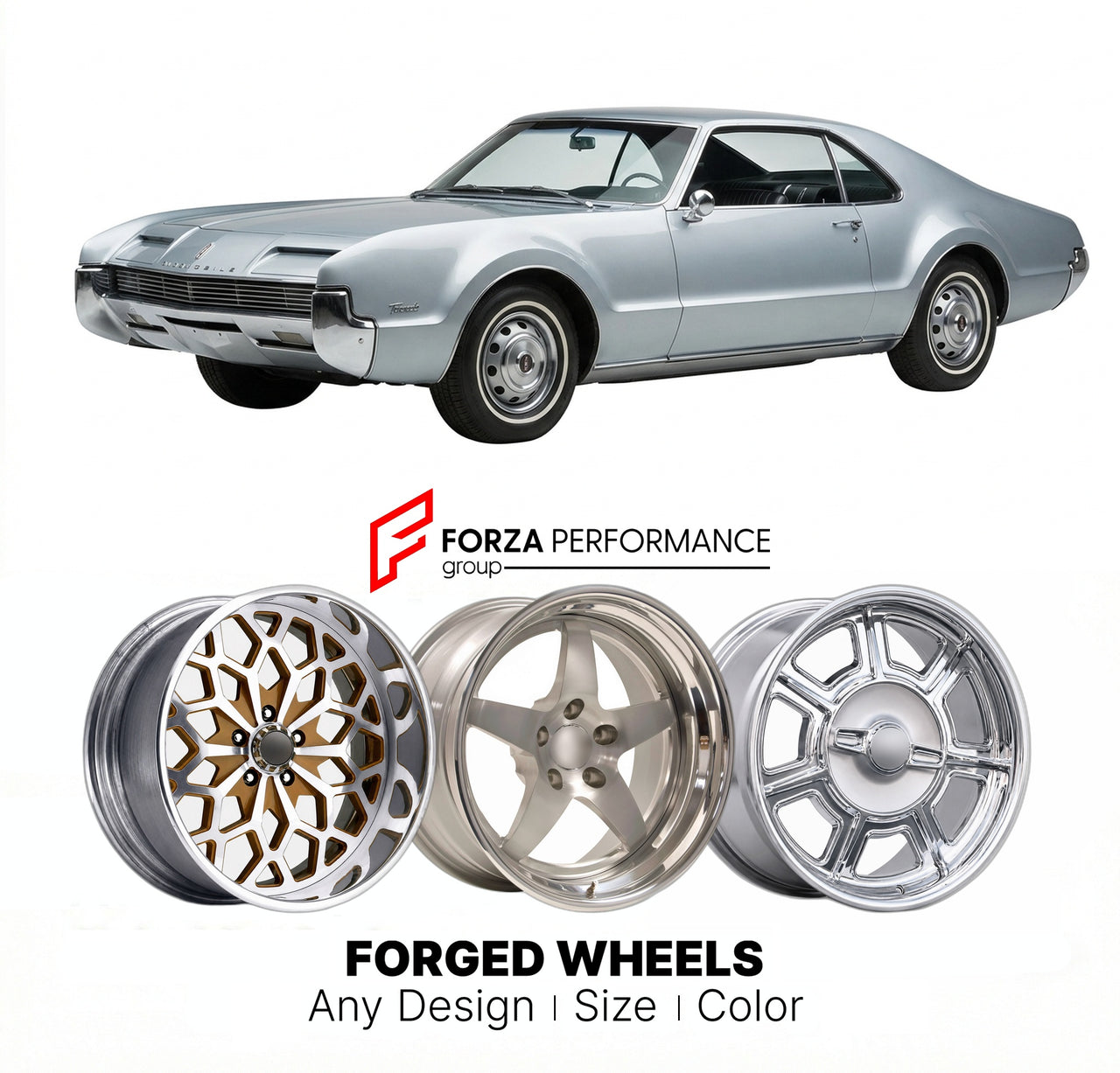 CUSTOM CLASSIC VINTAGE RESTOMOD RETRO OLD SCHOOL FORGED WHEELS RIMS for OLDSMOBILE TORONADO 1966 - 1970
Custom forged wheels for classic American muscle cars. Ideal for restomod builds, vintage restorations, and show cars. Deep dish and retro styling available.

We manufacture premium quality forged wheels rims for Oldsmobile Toronado 1966 - 1970 in any design, size, color.

THIS WHEEL DESIGN CAN BE CUSTOM-MADE FOR YOUR CAR IN ANY SIZE AND COLOR OPTIONS
Available in monoblock, 2-piece, 3-piece, duoblock, be