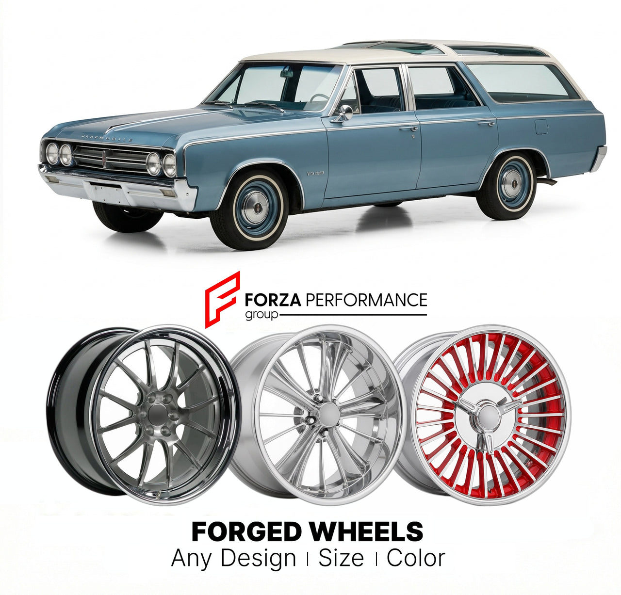 CUSTOM CLASSIC VINTAGE RESTOMOD RETRO OLD SCHOOL FORGED WHEELS RIMS for OLDSMOBILE VISTA CRUISER 1964 - 1977
Custom forged wheels for classic American muscle cars. Ideal for restomod builds, vintage restorations, and show cars. Deep dish and retro styling available.

We manufacture premium quality forged wheels rims for Oldsmobile Vista Cruiser 1964 - 1977 in any design, size, color.

THIS WHEEL DESIGN CAN BE CUSTOM-MADE FOR YOUR CAR IN ANY SIZE AND COLOR OPTIONS
Available in monoblock, 2-piece, 3-piece, du