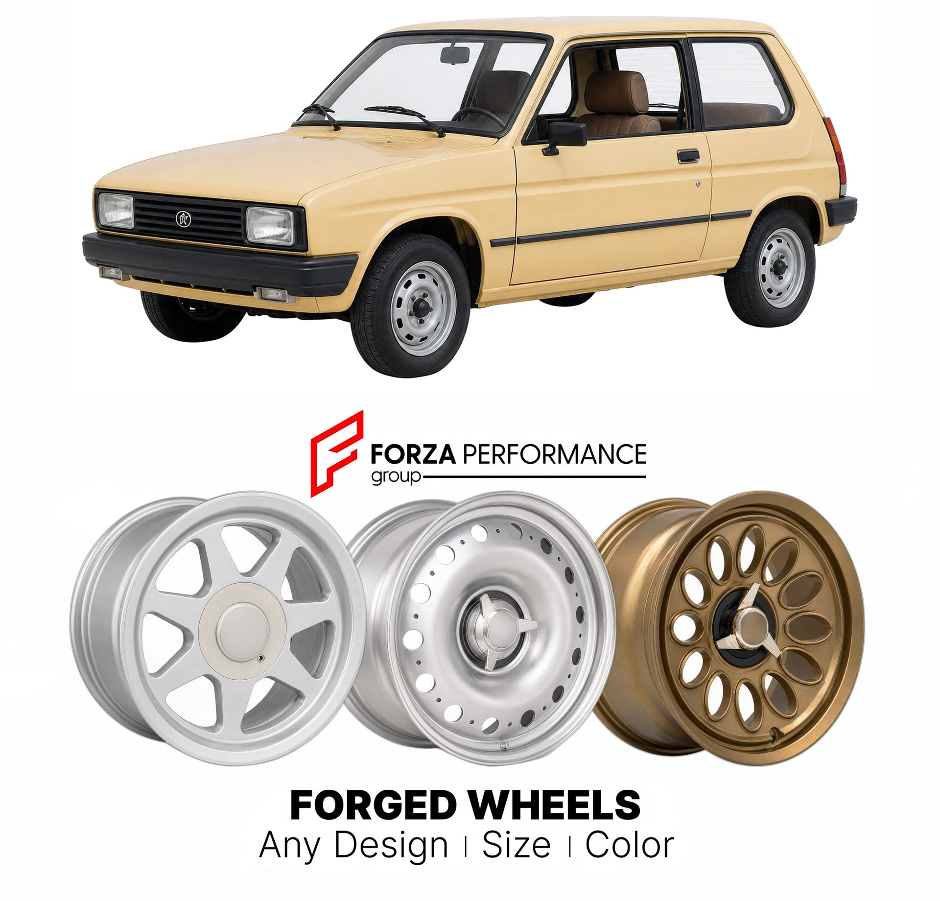 CUSTOM CLASSIC VINTAGE RESTOMOD RETRO OLD SCHOOL FORGED WHEELS RIMS for OLTCIT CLUB 11R 12 TRS 1981 - 1995

Custom forged wheels for Oltcit Club 11R 12 TRS 1981 - 1995. Classic, vintage, restomod wheel designs made to order in custom sizes, offsets, colors and finishes.

We manufacture premium quality forged wheels rims for Oltcit Club 11R 12 TRS 1981 - 1995 in any design, size, color.

THIS WHEEL DESIGN CAN BE CUSTOM-MADE FOR YOUR CAR IN ANY SIZE AND COLOR OPTIONS
Available in monoblock, 2-piece, 3-piece, 