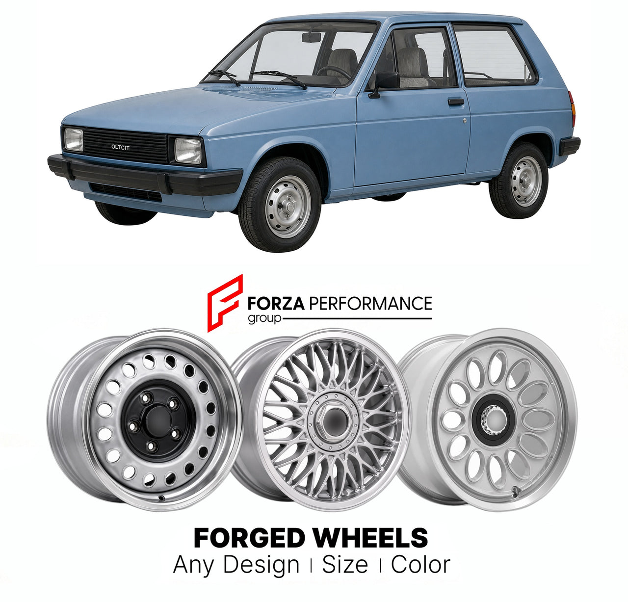 CUSTOM CLASSIC VINTAGE RESTOMOD RETRO OLD SCHOOL FORGED WHEELS RIMS for OLTCIT CLUB 1981 - 1995

Custom forged wheels for Oltcit Club 1981 - 1995. Classic, vintage, restomod wheel designs made to order in custom sizes, offsets, colors and finishes.

We manufacture premium quality forged wheels rims for Oltcit Club 1981 - 1995 in any design, size, color.

THIS WHEEL DESIGN CAN BE CUSTOM-MADE FOR YOUR CAR IN ANY SIZE AND COLOR OPTIONS
Available in monoblock, 2-piece, 3-piece, duoblock, beadlock
3D wheel rende