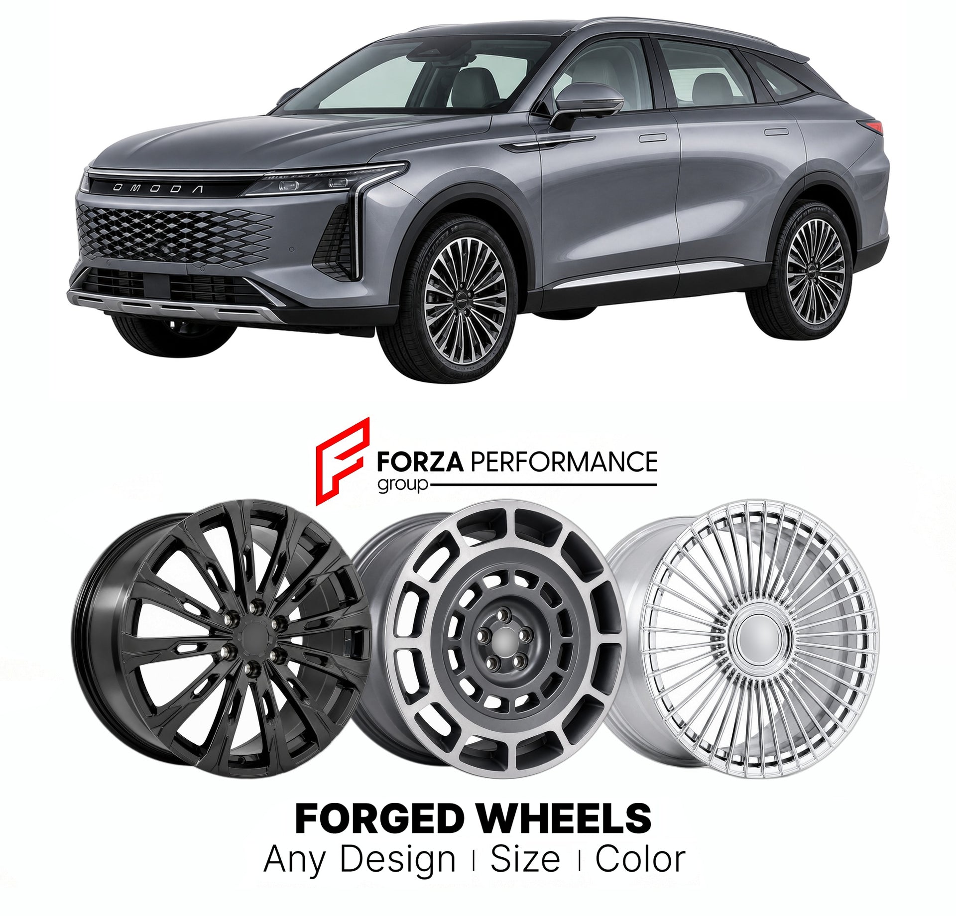Custom forged wheels for Omoda Chery 9 C9 2024+. Made-to-order monoblock, 2-piece and 3-piece wheels in custom sizes, offsets, colors and finishes with guaranteed vehicle fitment.

We manufacture premium quality forged wheels rims for Omoda Chery 9 C9 2024+ in any design, size, color.

THIS WHEEL DESIGN CAN BE CUSTOM-MADE FOR YOUR CAR IN ANY SIZE AND COLOR OPTIONS
Available in monoblock, 2-piece, 3-piece, duoblock, beadlock
3D wheel renderings are provided according to the exact dimensions and specification