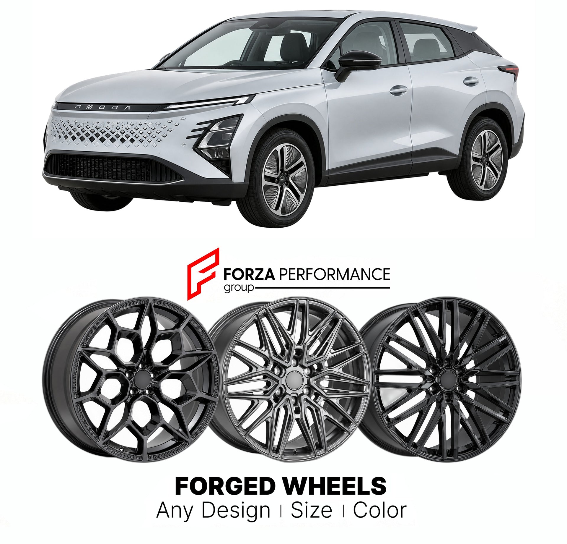 Custom forged wheels for Omoda Chery E5 2023+. Made-to-order monoblock, 2-piece and 3-piece wheels in custom sizes, offsets, colors and finishes with guaranteed vehicle fitment.

We manufacture premium quality forged wheels rims for Omoda Chery E5 2023+ in any design, size, color.

THIS WHEEL DESIGN CAN BE CUSTOM-MADE FOR YOUR CAR IN ANY SIZE AND COLOR OPTIONS
Available in monoblock, 2-piece, 3-piece, duoblock, beadlock
3D wheel renderings are provided according to the exact dimensions and specifications re