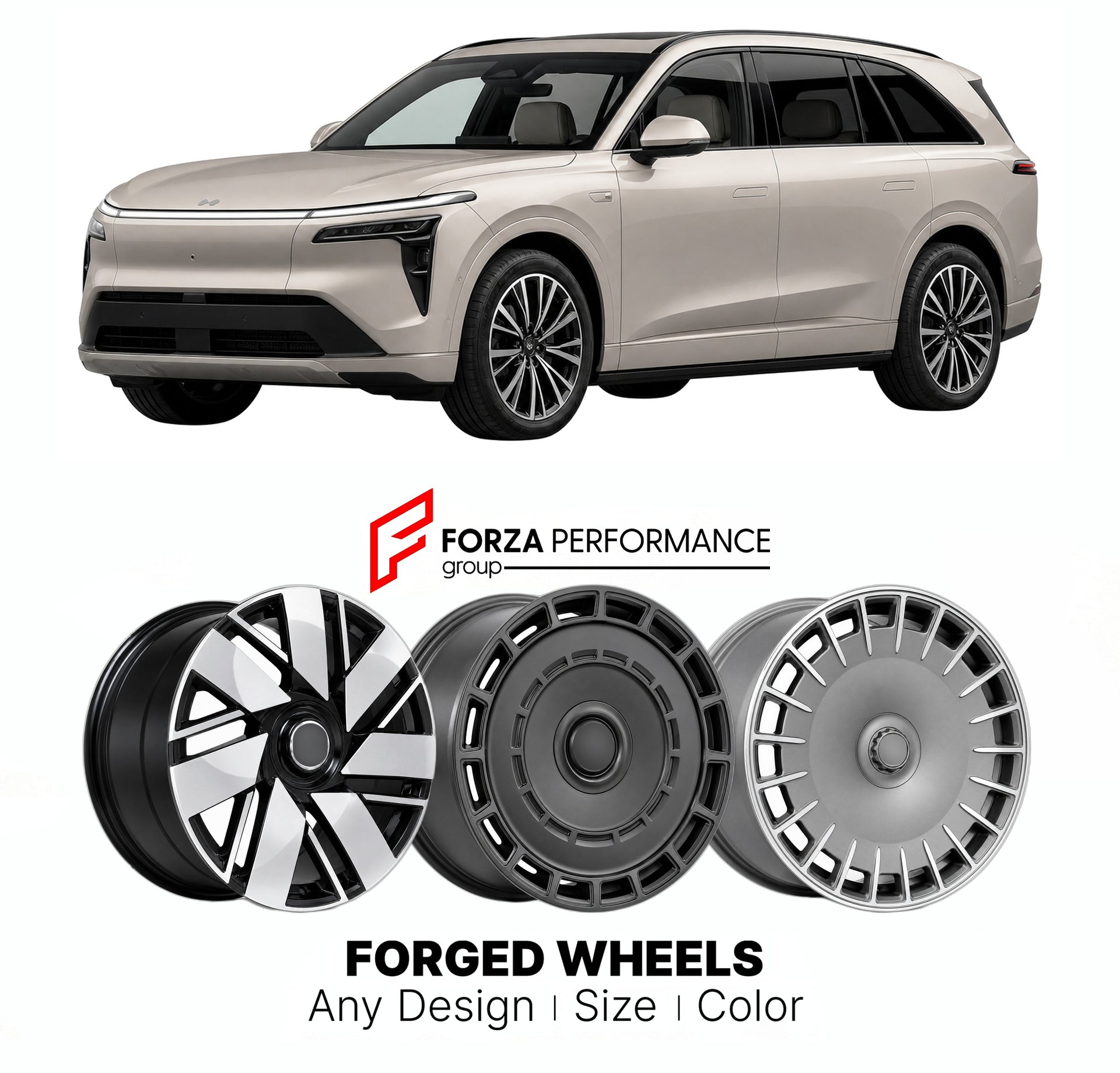 Custom forged wheels for Onvo NIO L80 2026+. Made-to-order monoblock, 2-piece and 3-piece wheels in custom sizes, offsets, colors and finishes with guaranteed vehicle fitment.

We manufacture premium quality forged wheels rims for Onvo NIO L80 2026+ in any design, size, color.

THIS WHEEL DESIGN CAN BE CUSTOM-MADE FOR YOUR CAR IN ANY SIZE AND COLOR OPTIONS
Available in monoblock, 2-piece, 3-piece, duoblock, beadlock
3D wheel renderings are provided according to the exact dimensions and specifications reques